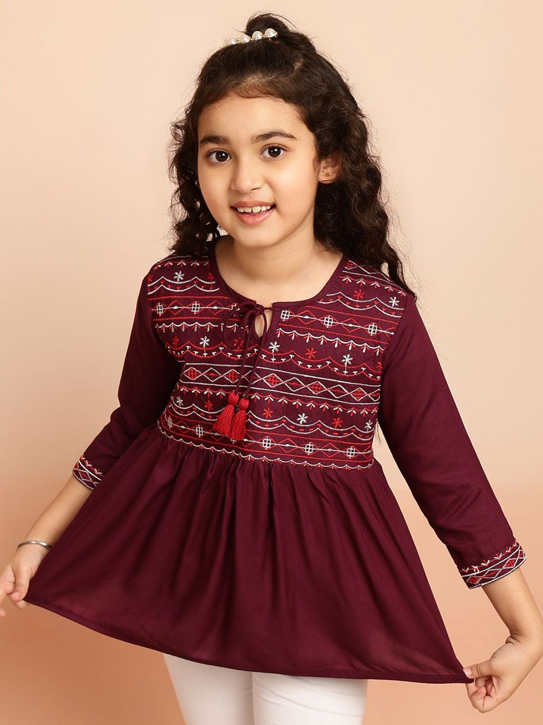 Miss & Chief Embroidered Tie-Up Neck Top