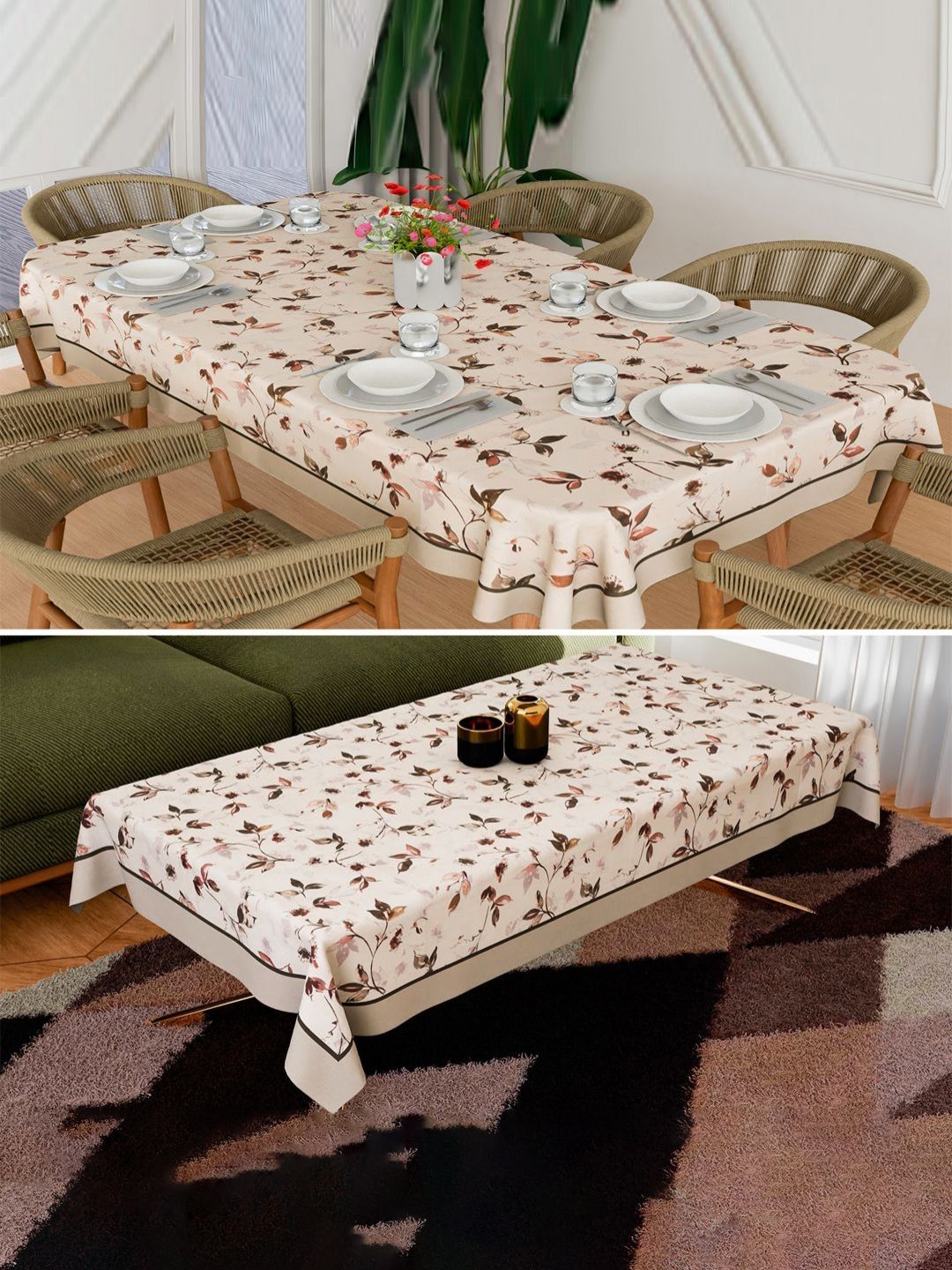 Aura Cream & Beige 2 Pieces Floral Anti-Skid 8-Seater Cotton Table Cover-picture-16