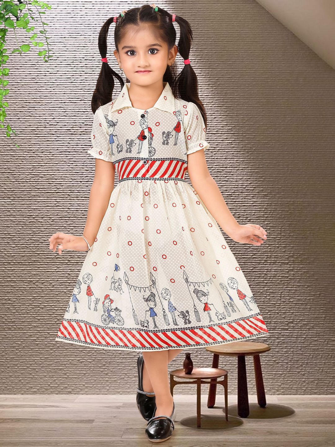 KAARIGARI Girls Shirt Collar Fit and Flare Midi Dress-picture-11