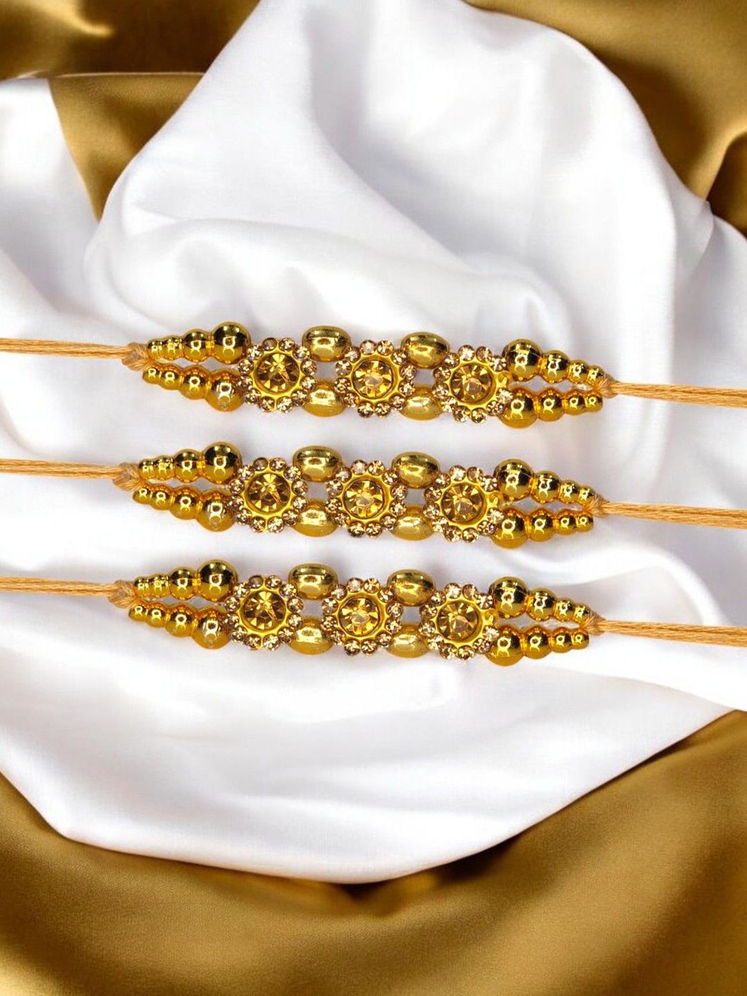 MISHAV Set Of 3 Artificial Stones Studded And Beaded Thread Rakhis With Roli Chawal-picture-26