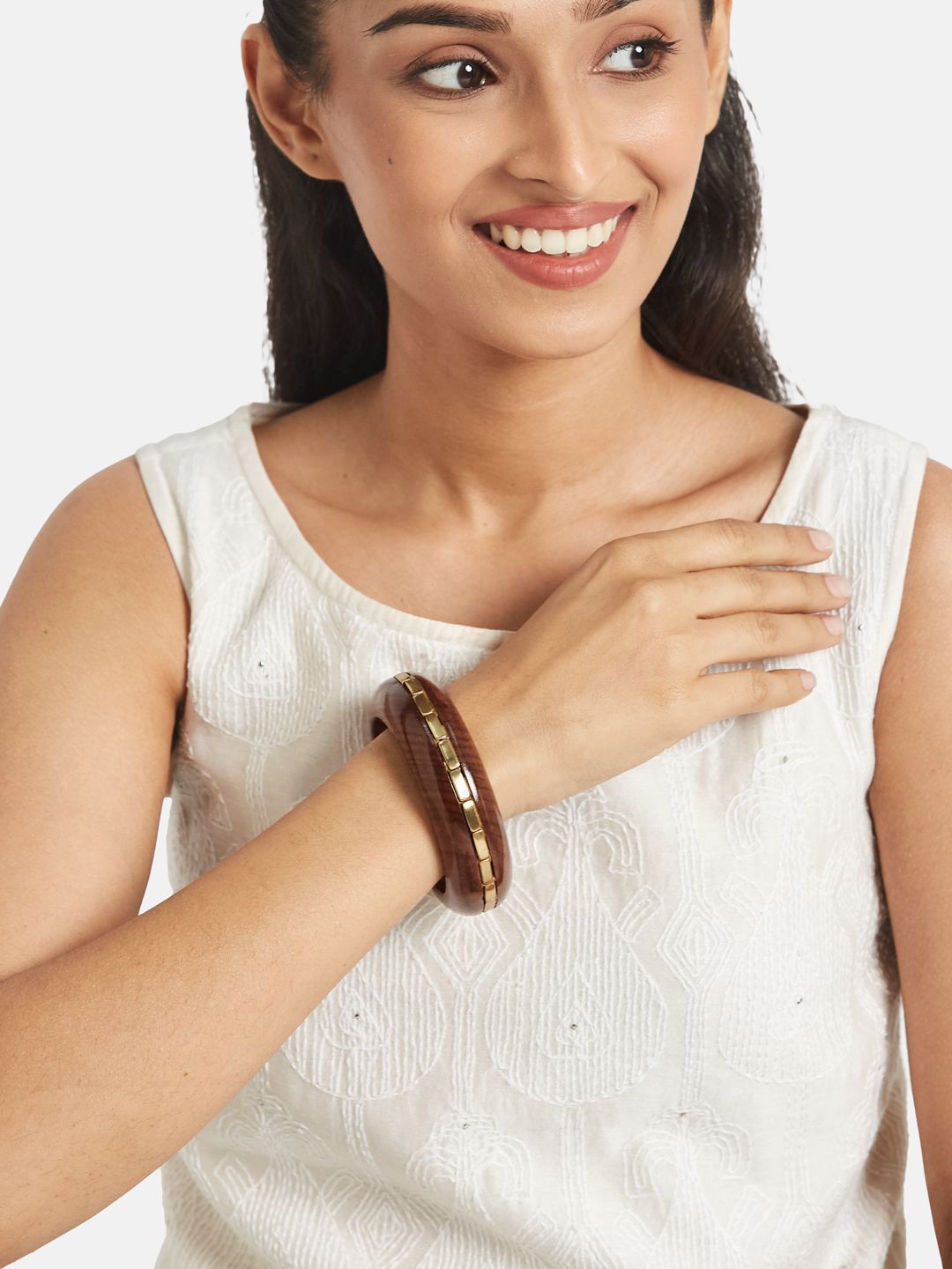 ATIBELLE Set Of 3 Gold-Plated Beaded & Round-Square Twisted Shaped Wooden Bangles