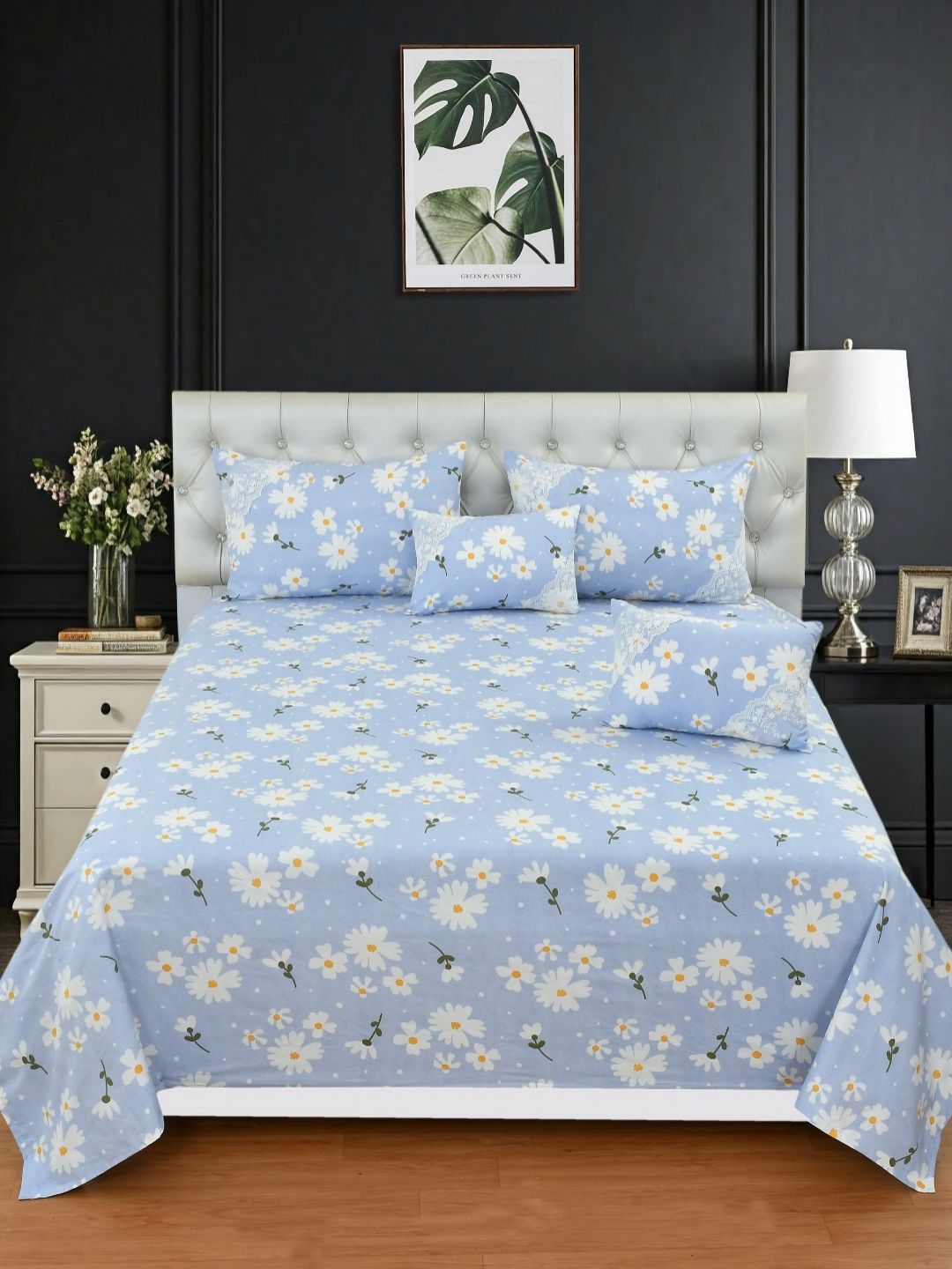 BREVARD Blue Floral Printed Polycotton 5 Piece Double Queen Superfine Bedding Set-picture-38