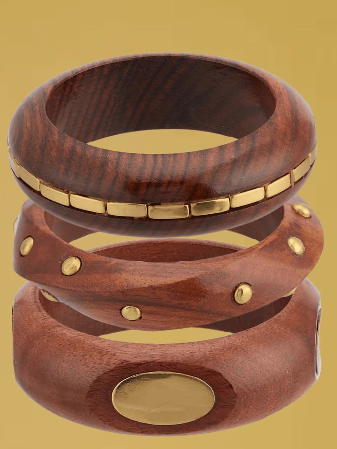 ATIBELLE Set Of 3 Gold-Plated Beaded & Round-Square Twisted Shaped Wooden Bangles