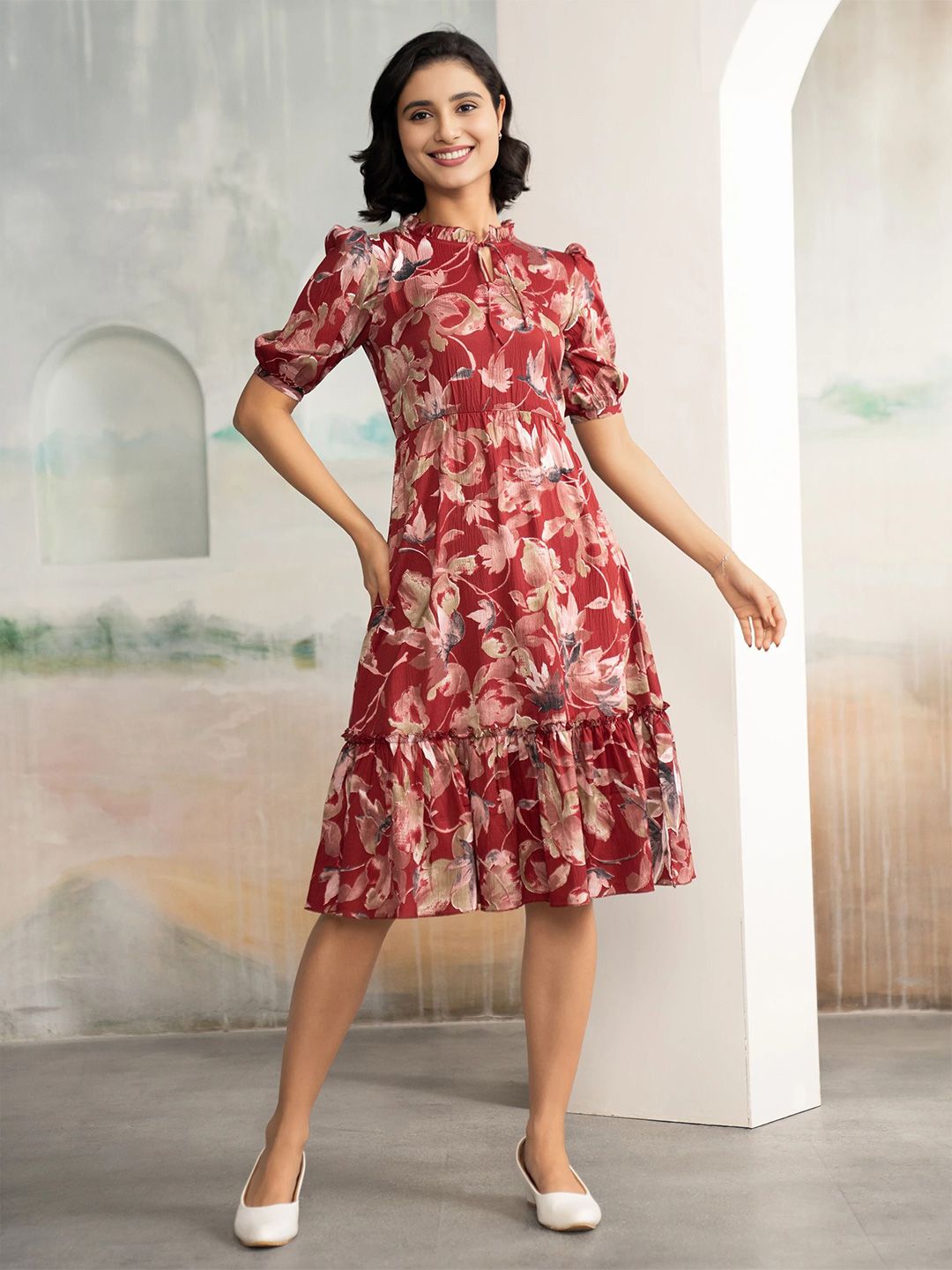 DressBerry Women Floral Printed Keyhole Neck Puff Sleeve Crepe Fit & Flare Dress-picture-38