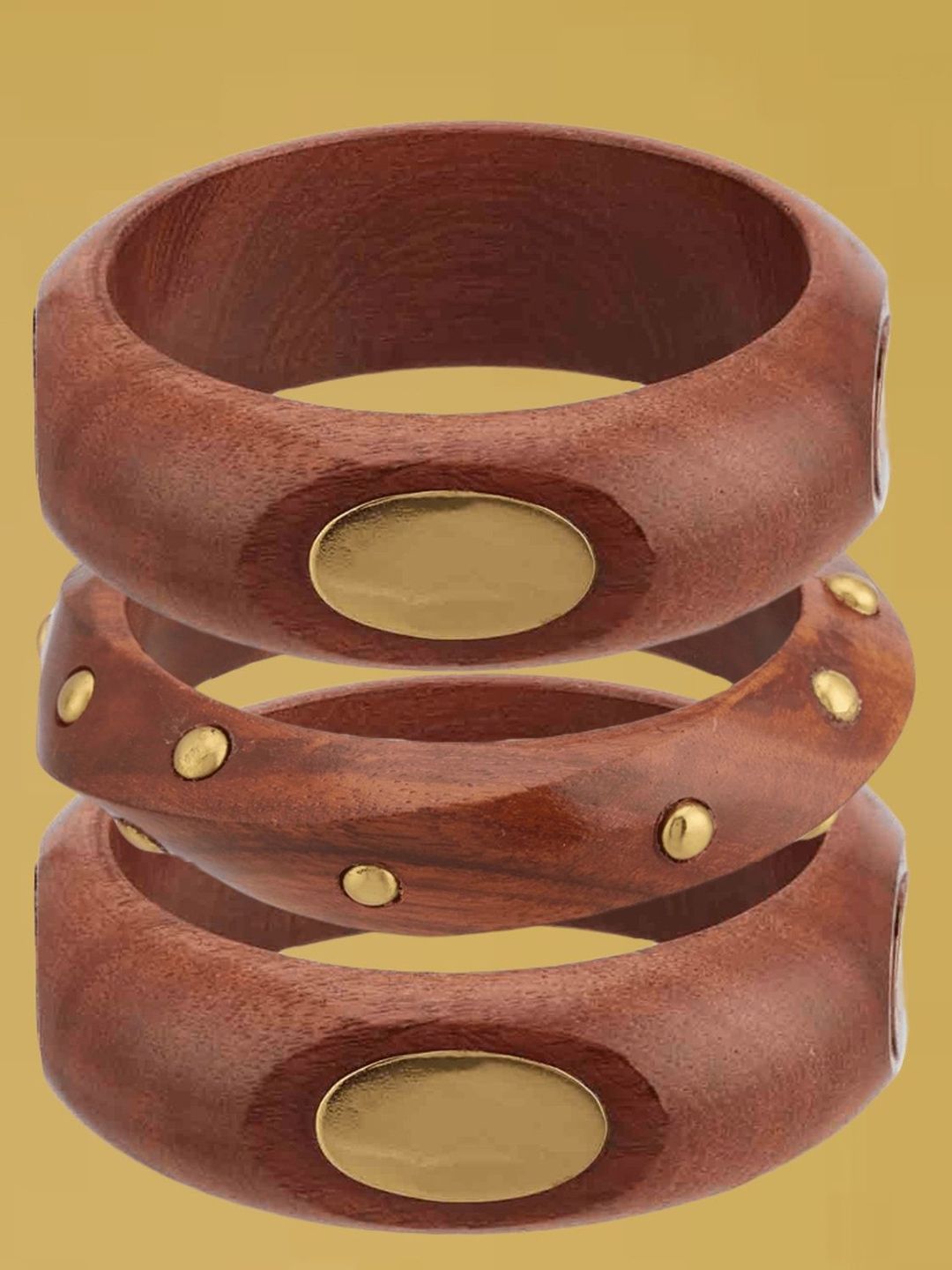 ATIBELLE Set Of 3 Gold-Plated Beaded & Round-Square Twisted Shaped Wooden Bangles
