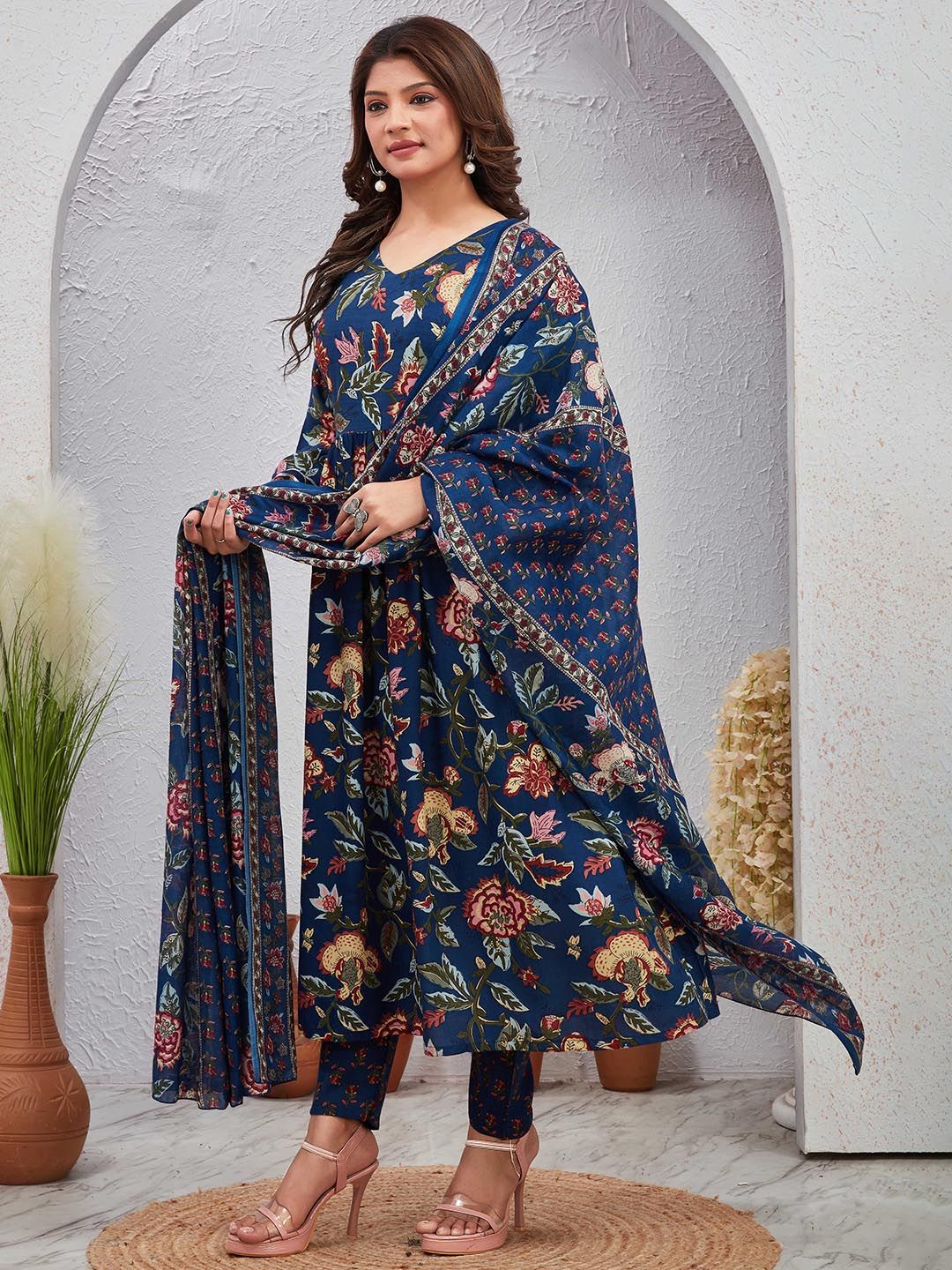 SKY FAB Women Floral Printed Anarkali Kurta with Churidar & Dupatta