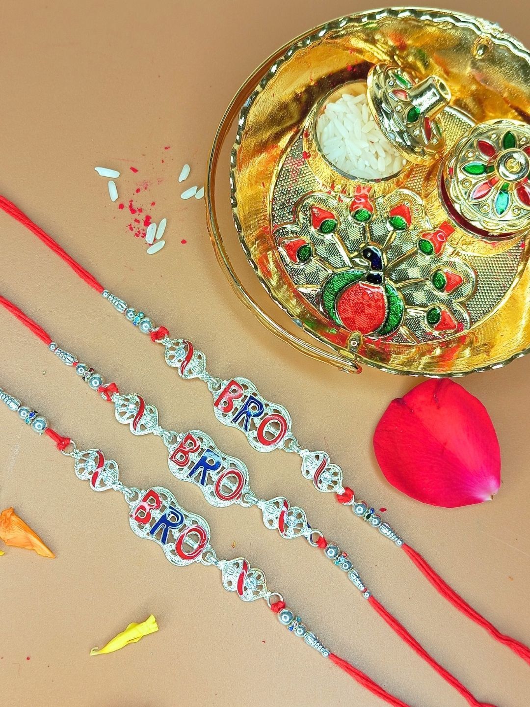 Anouk Set Of 3 BRO Letter Rakhi Card & Kumkum Pooja Thali Rakhi Gift Set-picture-19