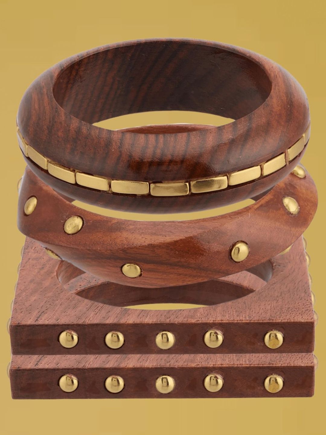 ATIBELLE Set Of 4 Gold-Plated Beaded & Round-Square Twisted Shaped Wooden Bangles