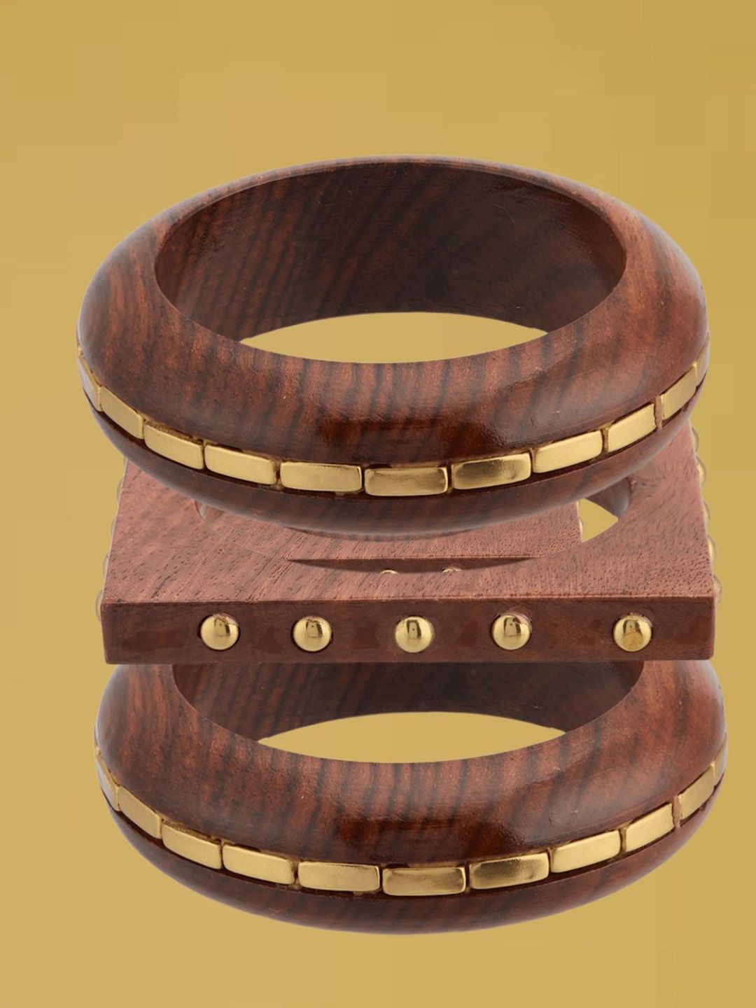 ATIBELLE Set Of 3 Gold-Plated Beaded & Round-Square Twisted Shaped Wooden Bangles