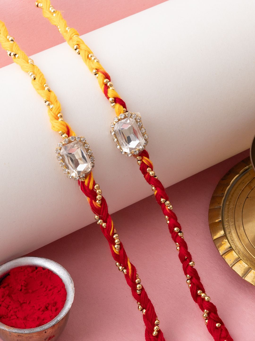 PANASH Set Of 2 Gold Plated Stones Studded & Beaded Thread Rakhis With Roli Chawal-picture-16