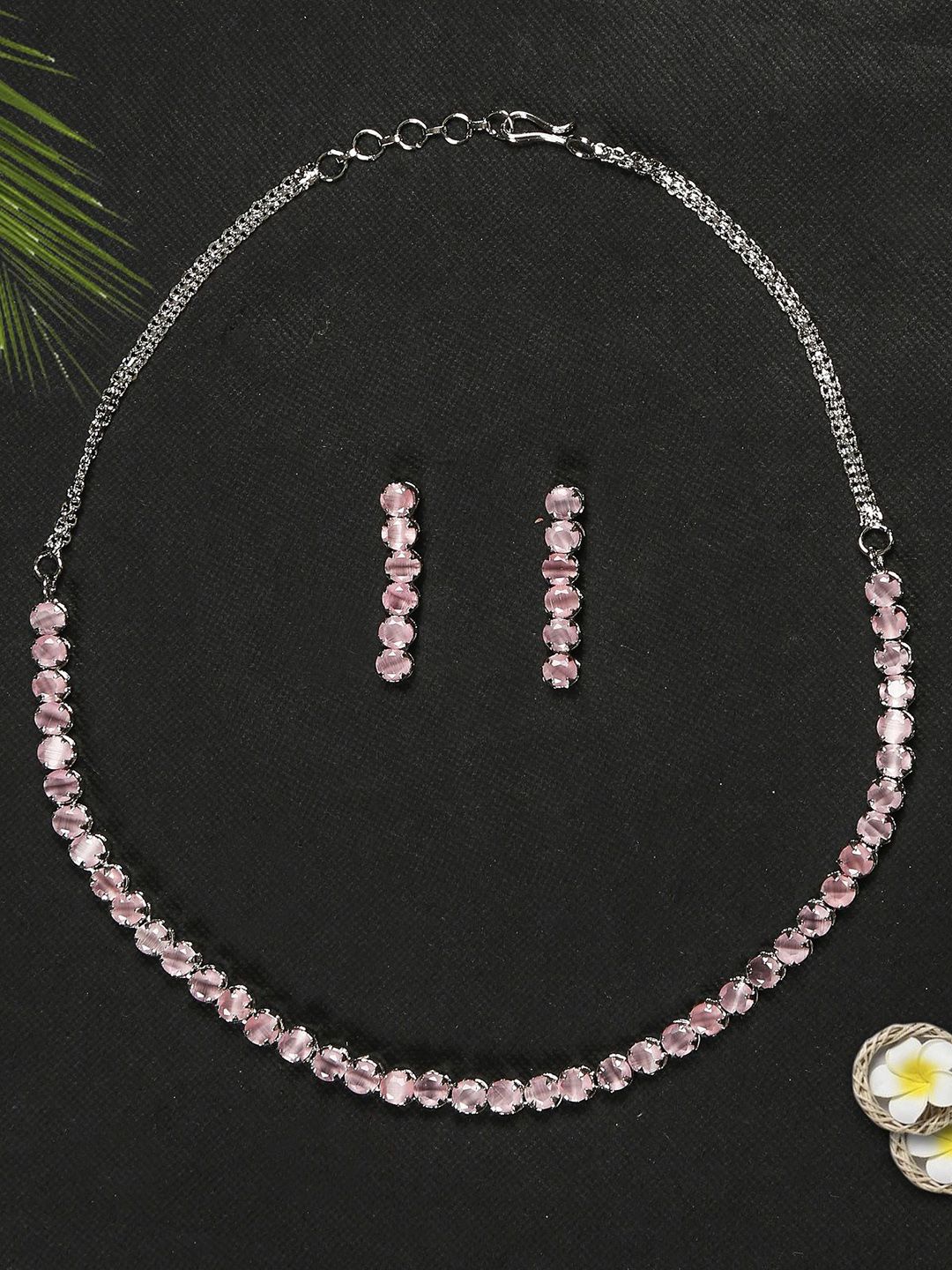 Gemron Jewel Rhodium-Plated Pink Cubic Zirconia Studded Necklace with Drop Earrings-picture-36