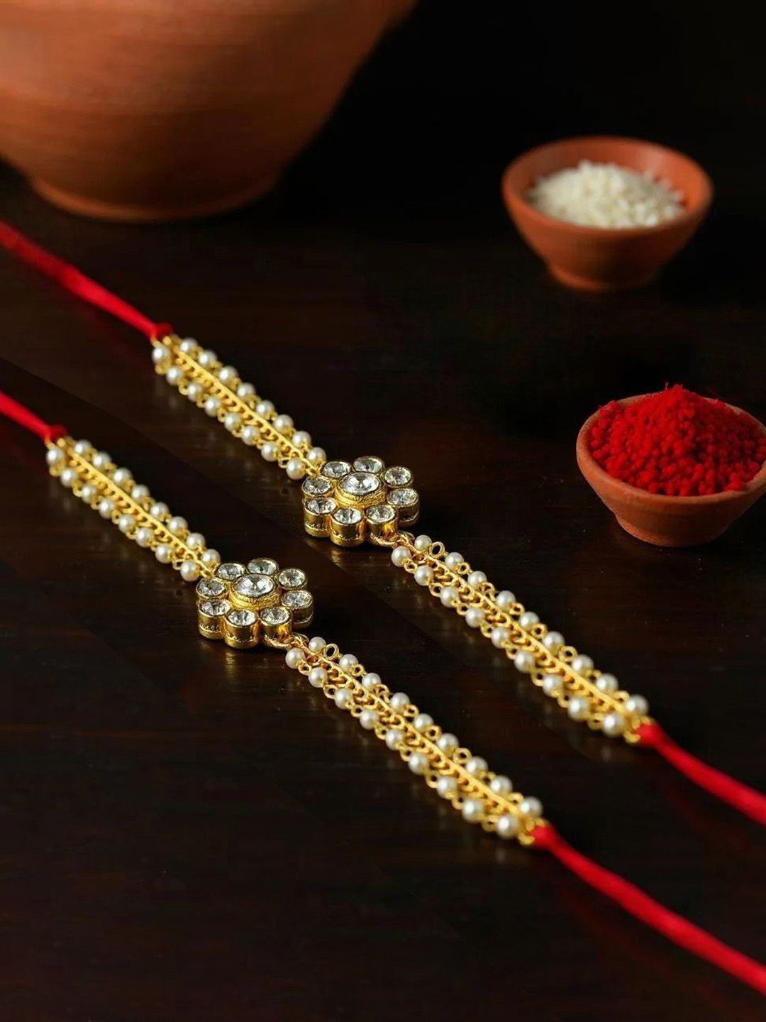 LUCKY JEWELLERY 2-Pcs Cubic Zircon Studded Rakhi With Roli Chawal & Greeting Card-picture-19