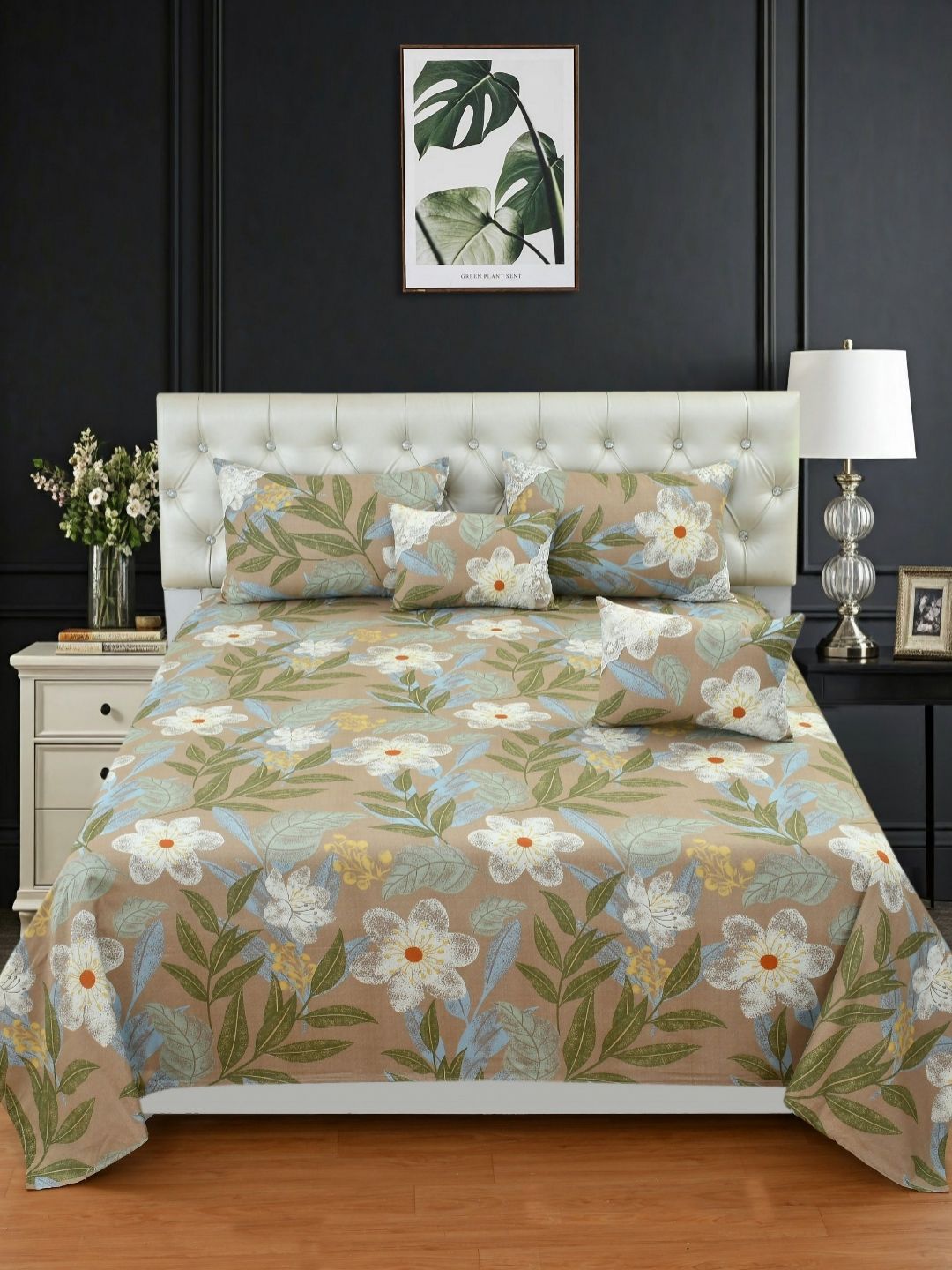 BREVARD Brown Floral Polycotton 5 Piece Double Queen Superfine Bedding Set-picture-16