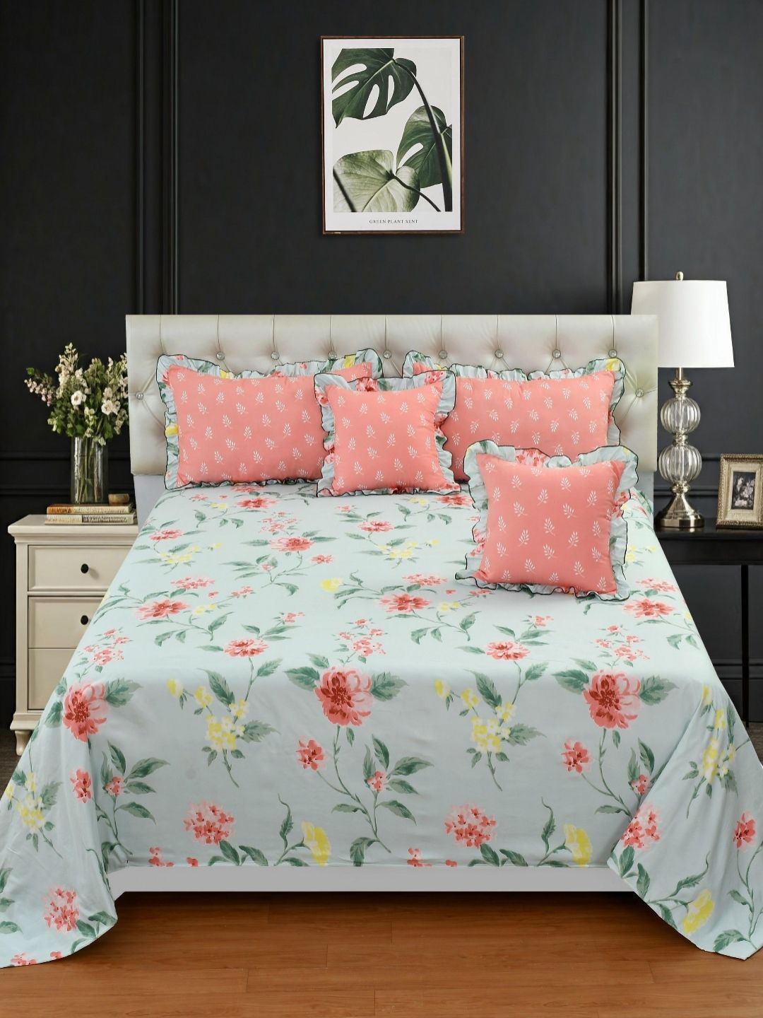 MORADO Blue & Pink Floral 5 Pieces Double King Superfine Bedding Set-image-24