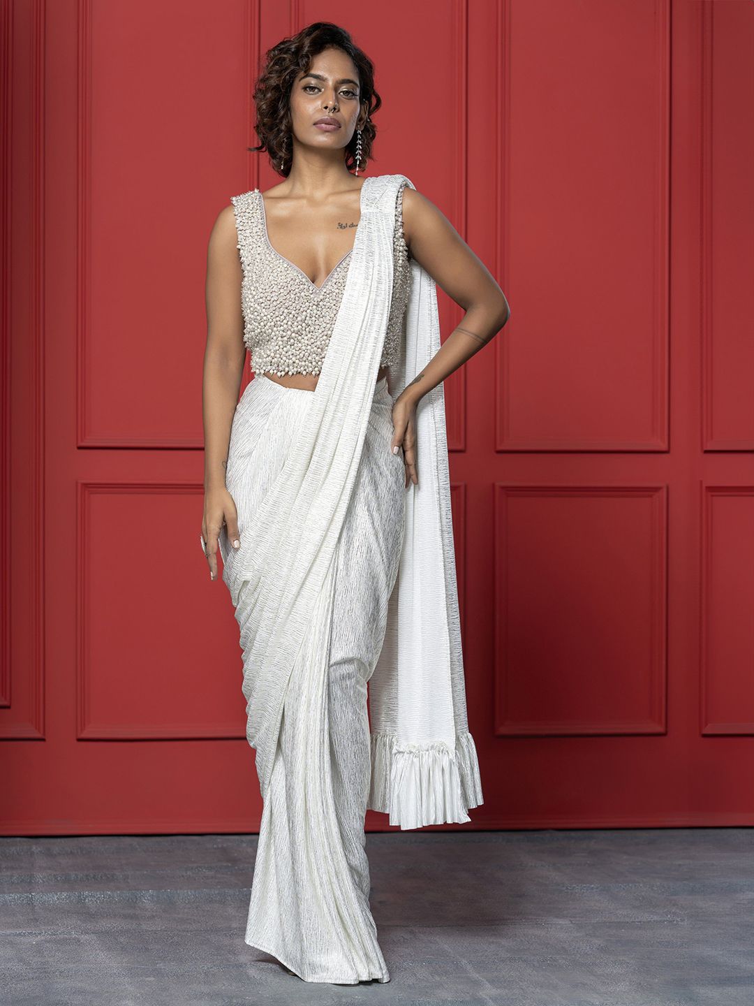 GloballyRonakRBafna Pure Crepe Ruffles Saree with Stitched Blouse-picture-2