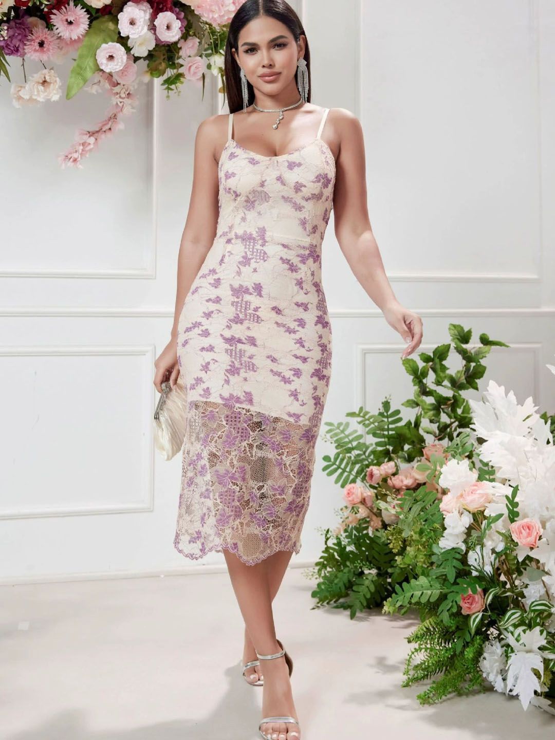 StyleCast Women Floral Printed Shoulder Straps Georgette Bodycon Midi Dress-picture-25