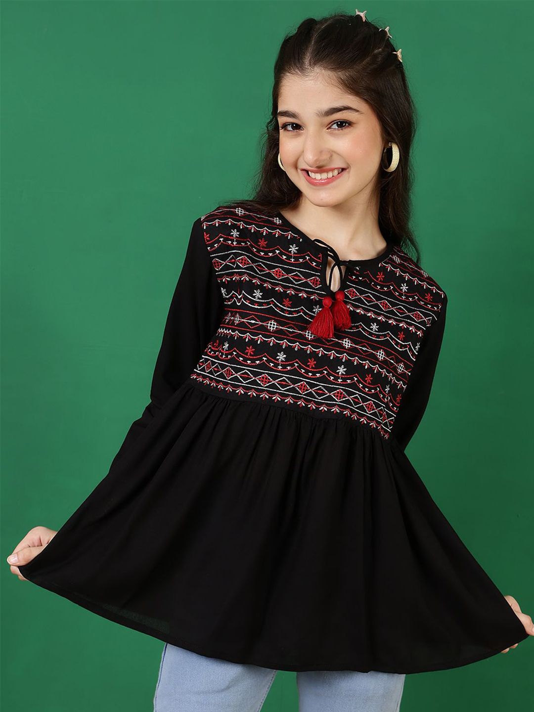 Miss & Chief Embroidered Tie-Up Neck Top-picture-35