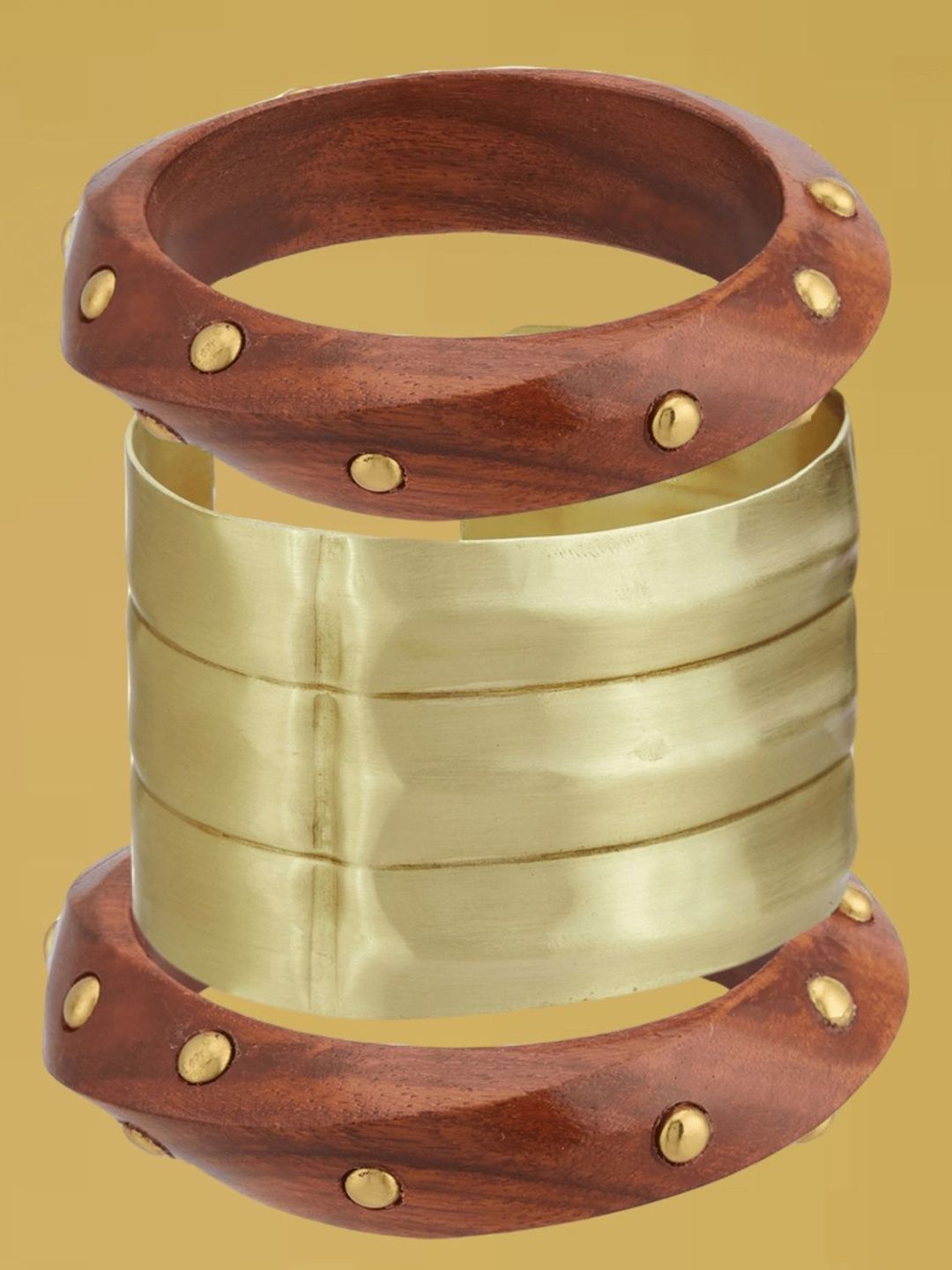 ATIBELLE Set Of 3 Gold-Plated Beaded Twisted Shaped Wooden Bangles