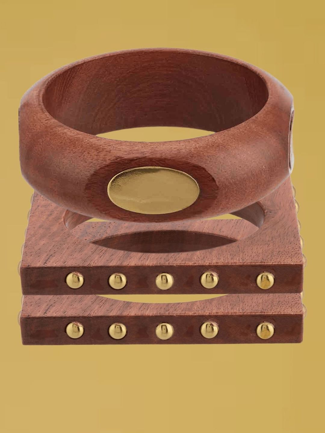ATIBELLE Set Of 3 Gold-Plated Round-Square Twisted Shaped Wooden Bangles