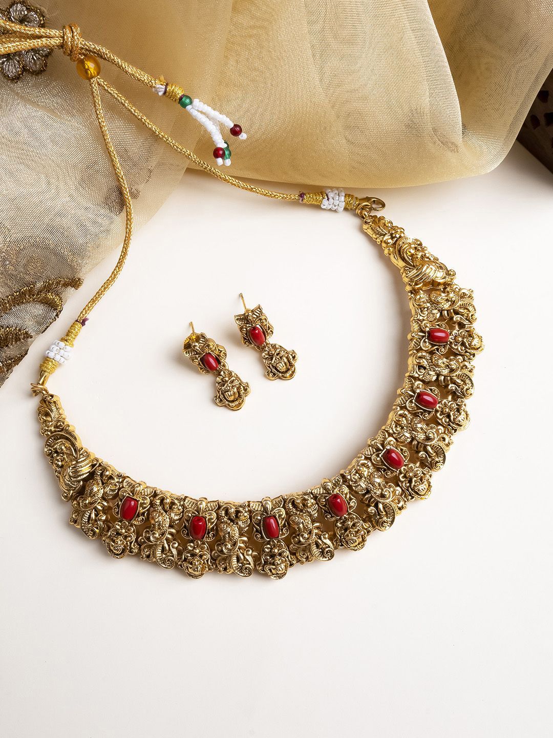 StileAdda Gold-Plated Red Stone Studded Antique Necklace with Earrings-picture-41