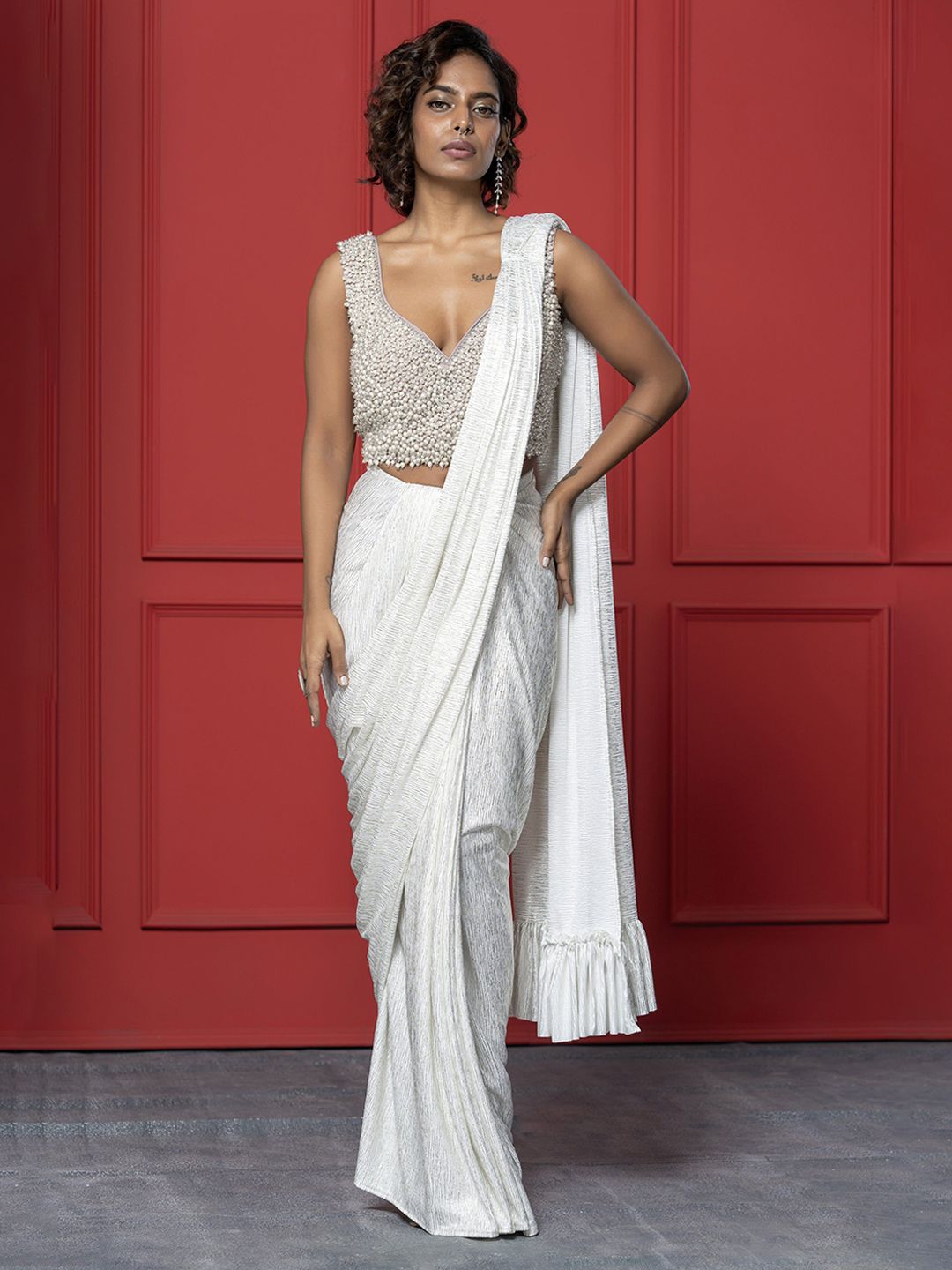 GloballyRonakRBafna Pure Crepe Ready to Wear Saree with Stitched Blouse-picture-33