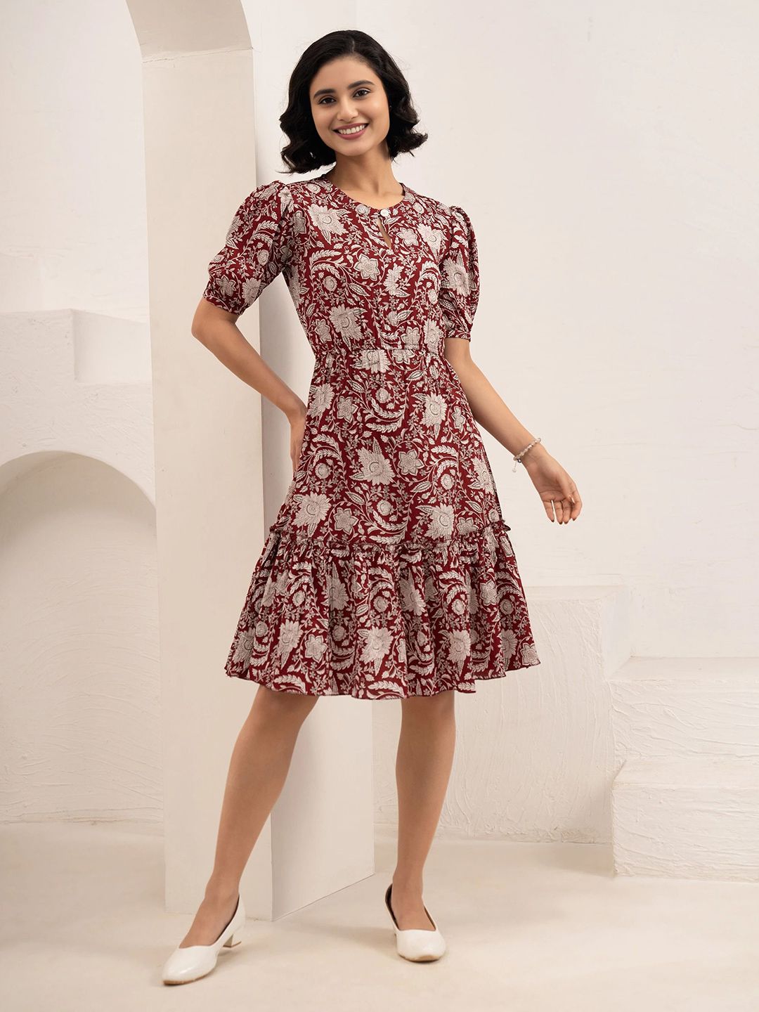 DressBerry Floral Print Keyhole Neck Puff Sleeve Crepe Fit & Flare Dress-picture-27