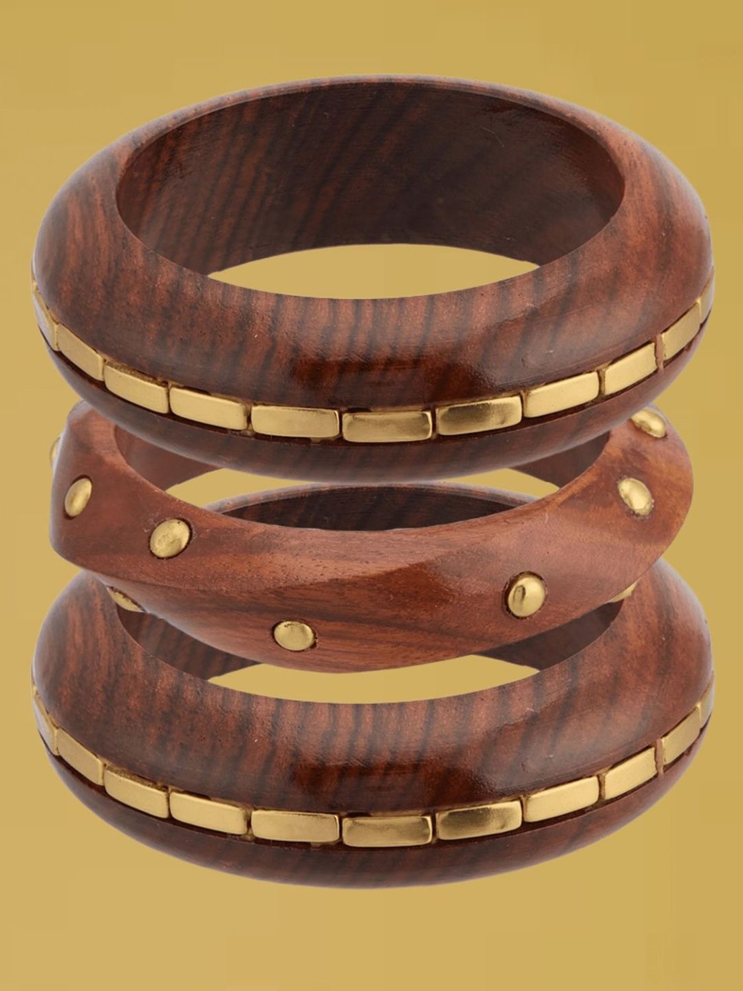 ATIBELLE Set Of 3 Gold-Plated Beaded & Round-Square Twisted Shaped Wooden Bangles