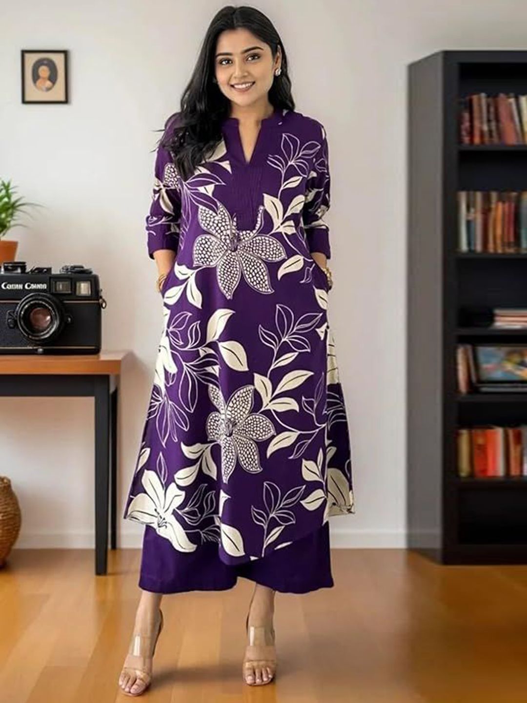 Vama Heritage Floral Printed Mandarin Collar Cambric Cotton A-Line Kurta With Palazzos