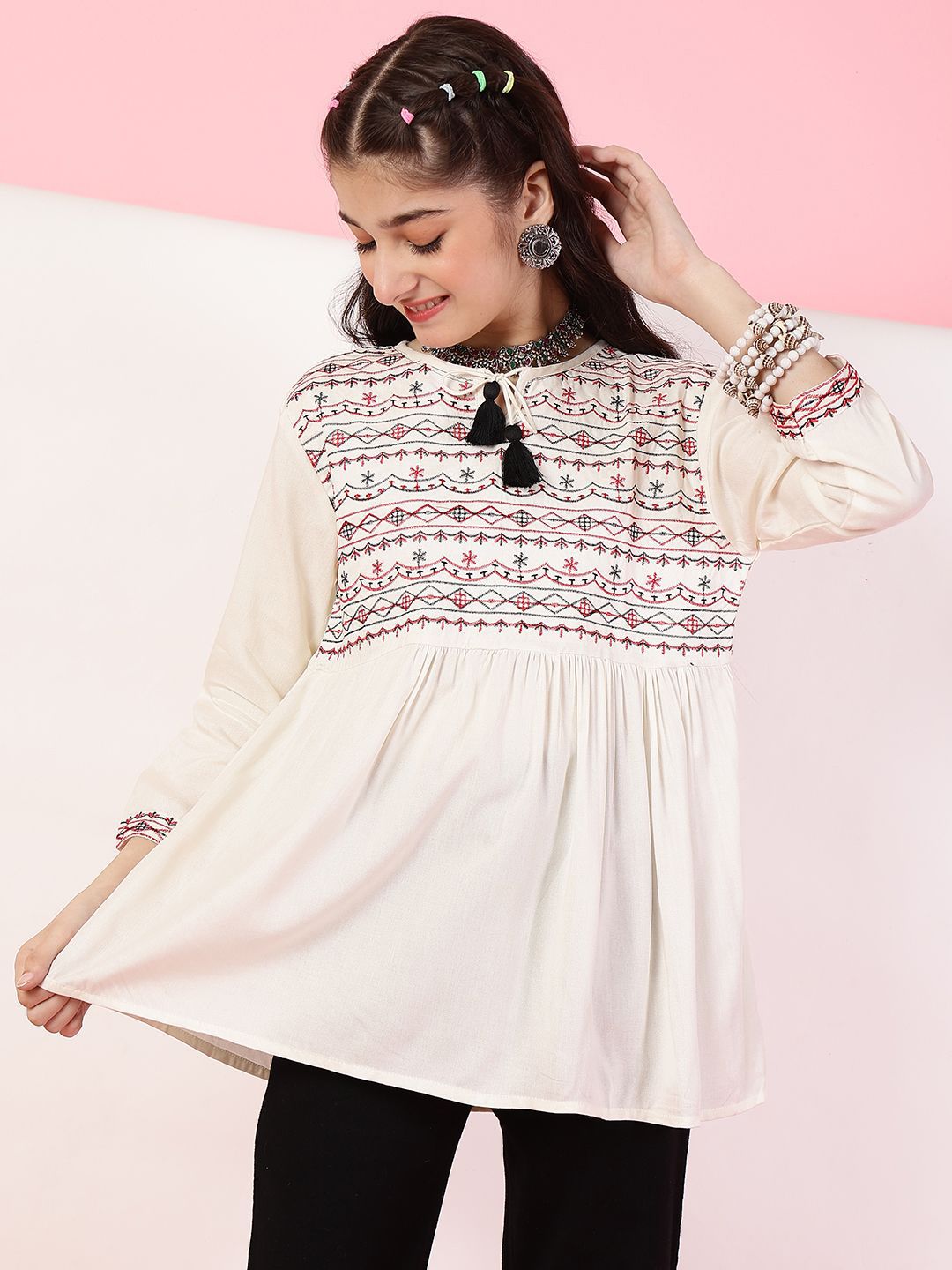 Miss & Chief Embroidered Tie-Up Neck Top