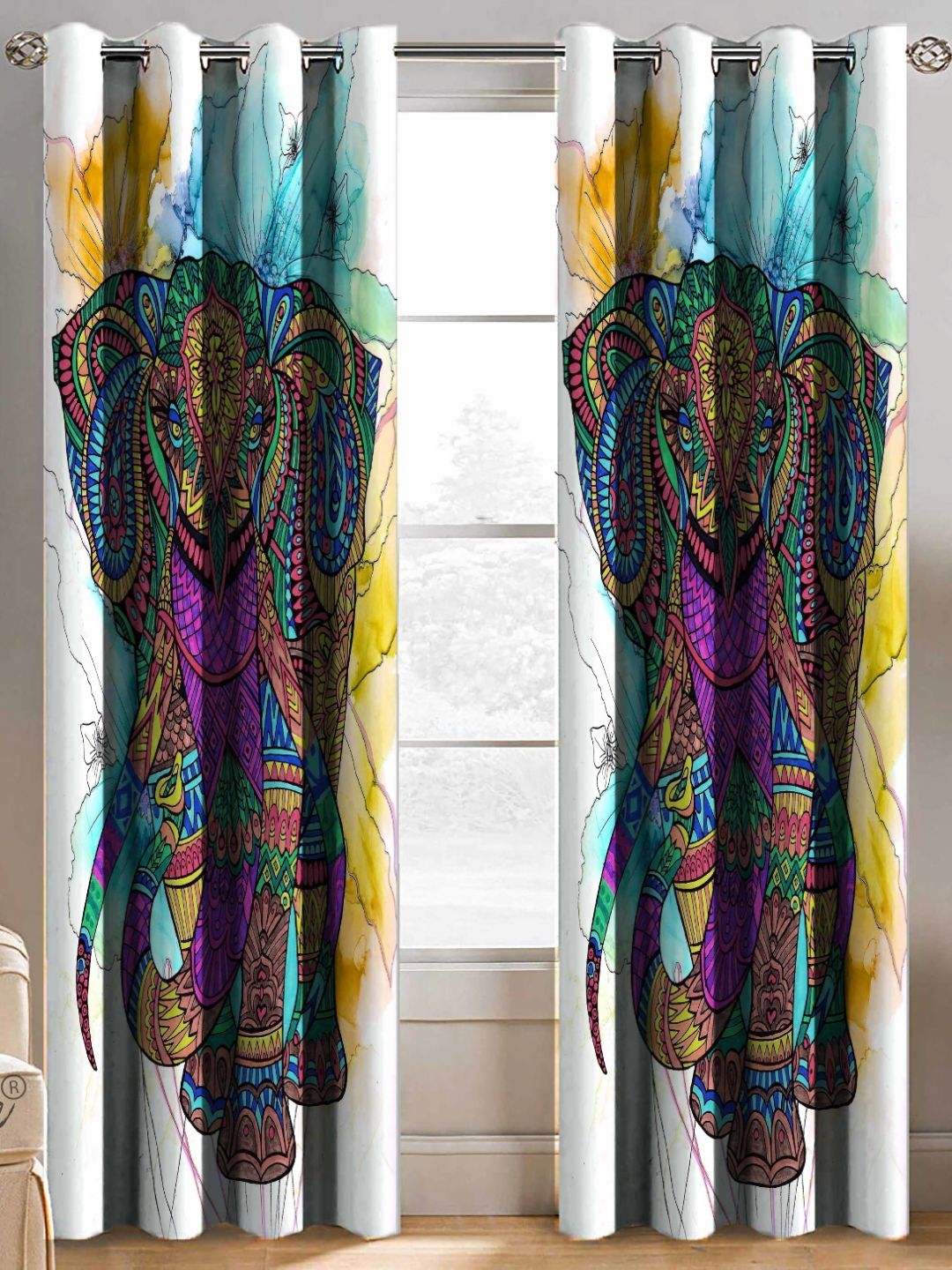 BELLA TRUE White & Blue 2 Pieces Ethnic Motifs Black Out Window Curtains-image-35