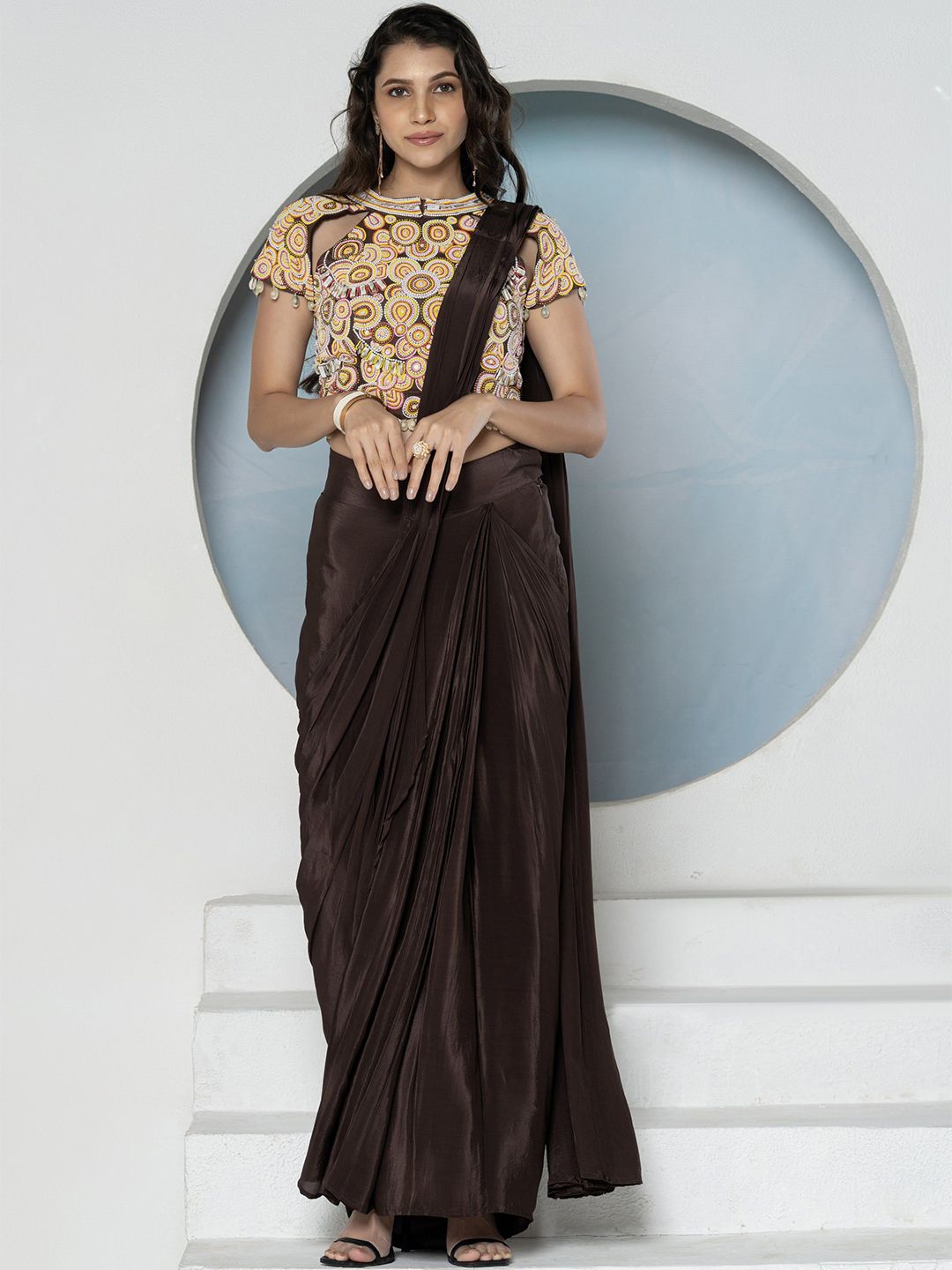 GloballyRonakRBafna Pure Crepe Ready to Wear Saree With Embellished Stitched Blouse-image-32