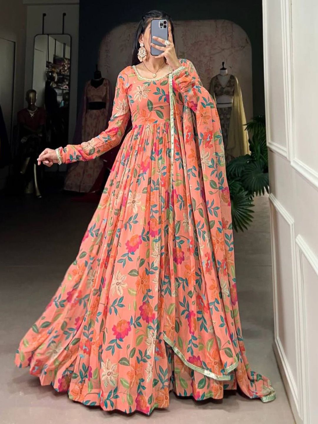 KALINI Floral Printed Round Neck Anarkali Georgette Kurta With Trousers & Dupatta