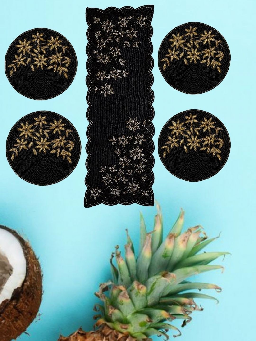 YWULY 5-Pcs Black & White Floral Embellished Table Linen Set-image-14
