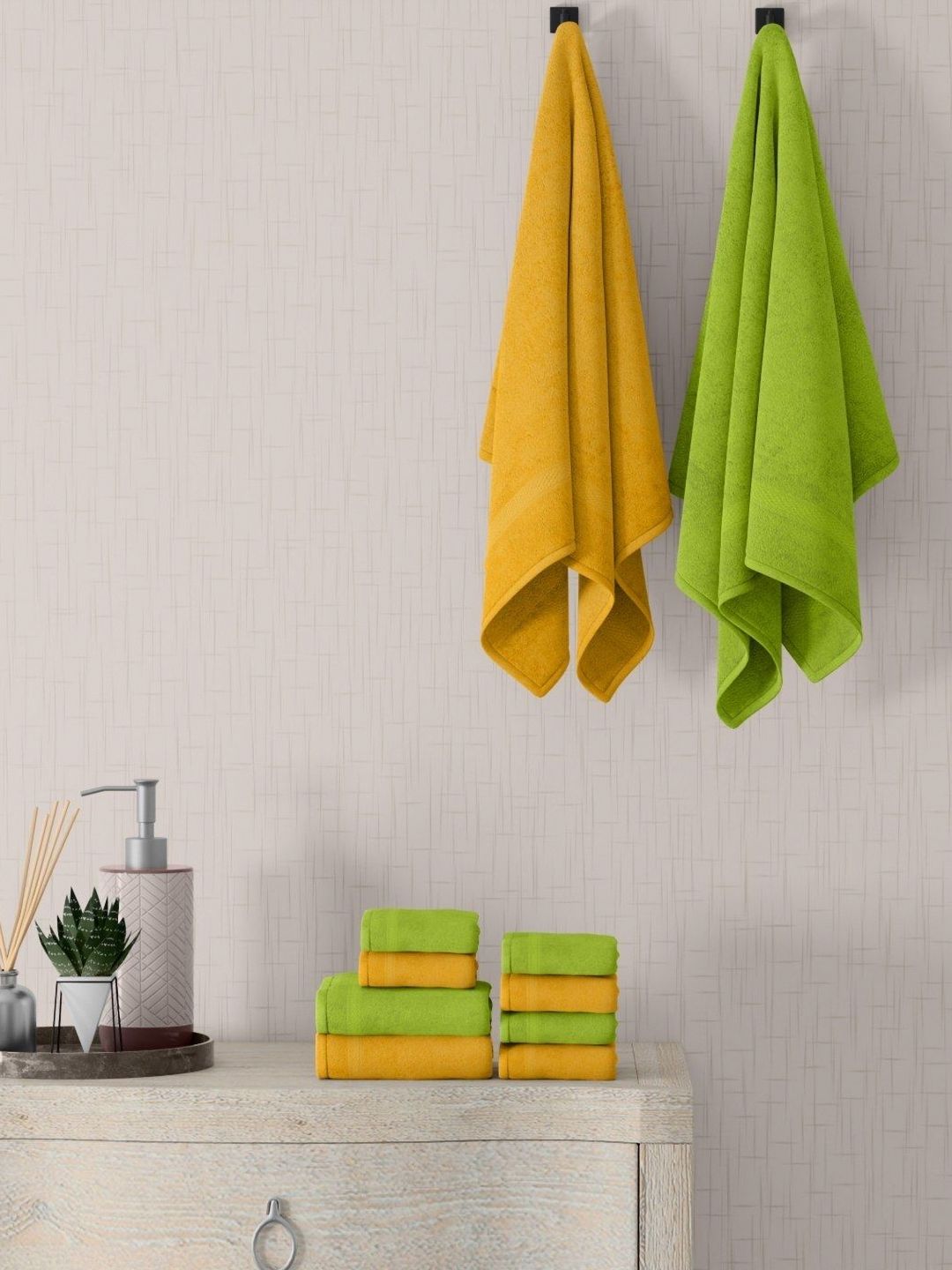 home expressions Yellow & Green 10 Pieces Cotton 450 GSM Towel Sets-picture-10