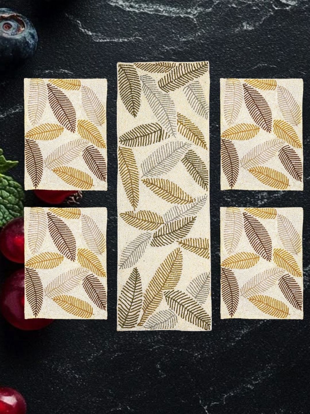 YWULY 5-Pcs Beige & Grey Embellished Table Linen Set-picture-35