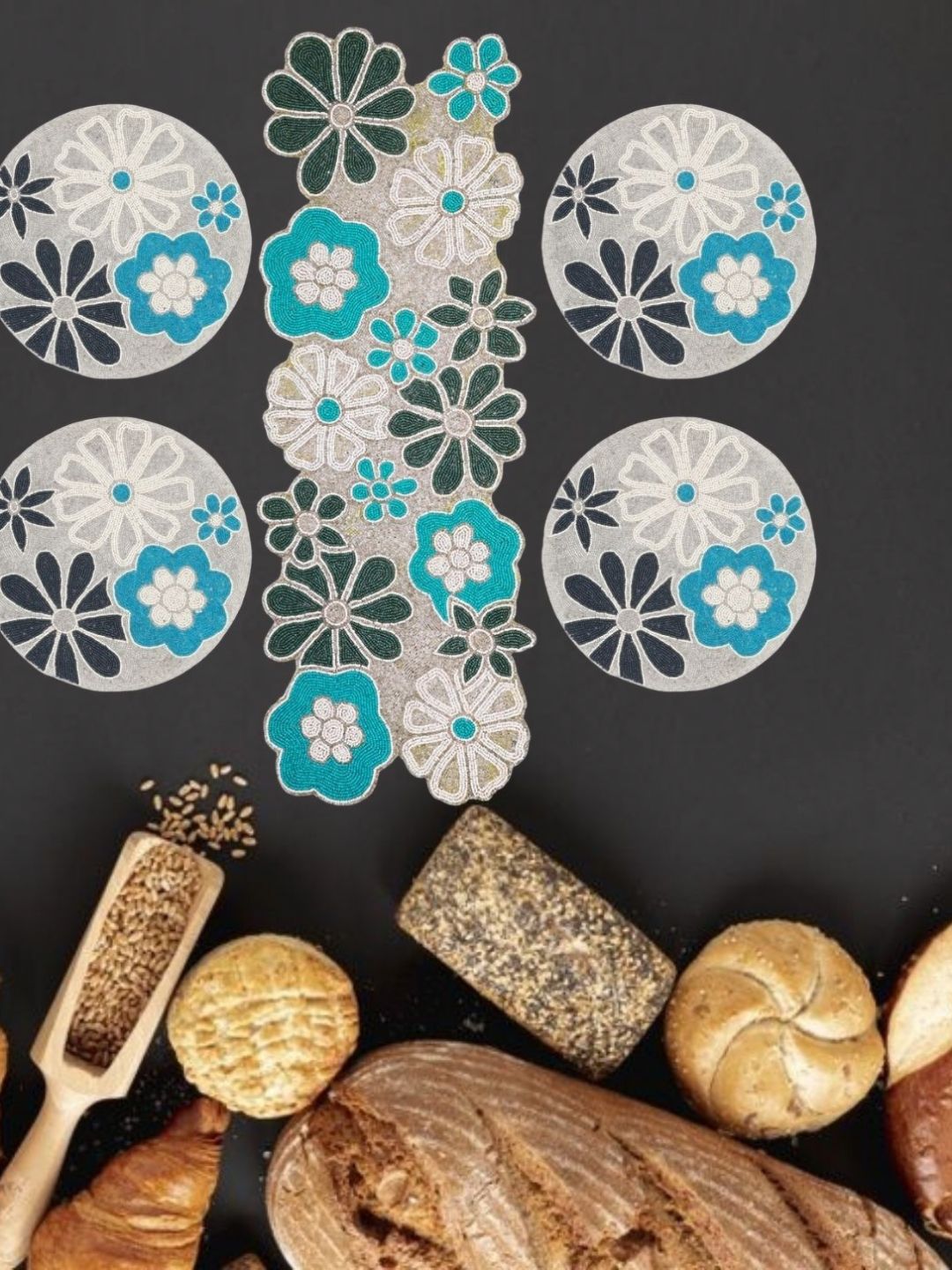 YWULY 5-Pcs White & Blue Floral Embellished Table Linen Set-picture-10