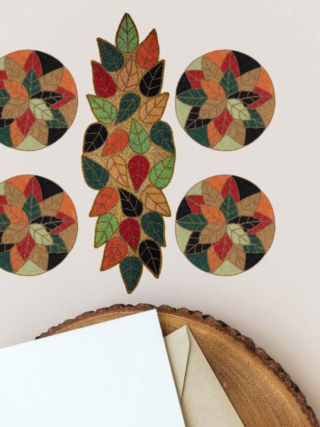 YWULY 5-Pcs Beige & Red Ethnic Motifs Embellished Table Linen Set-picture-34