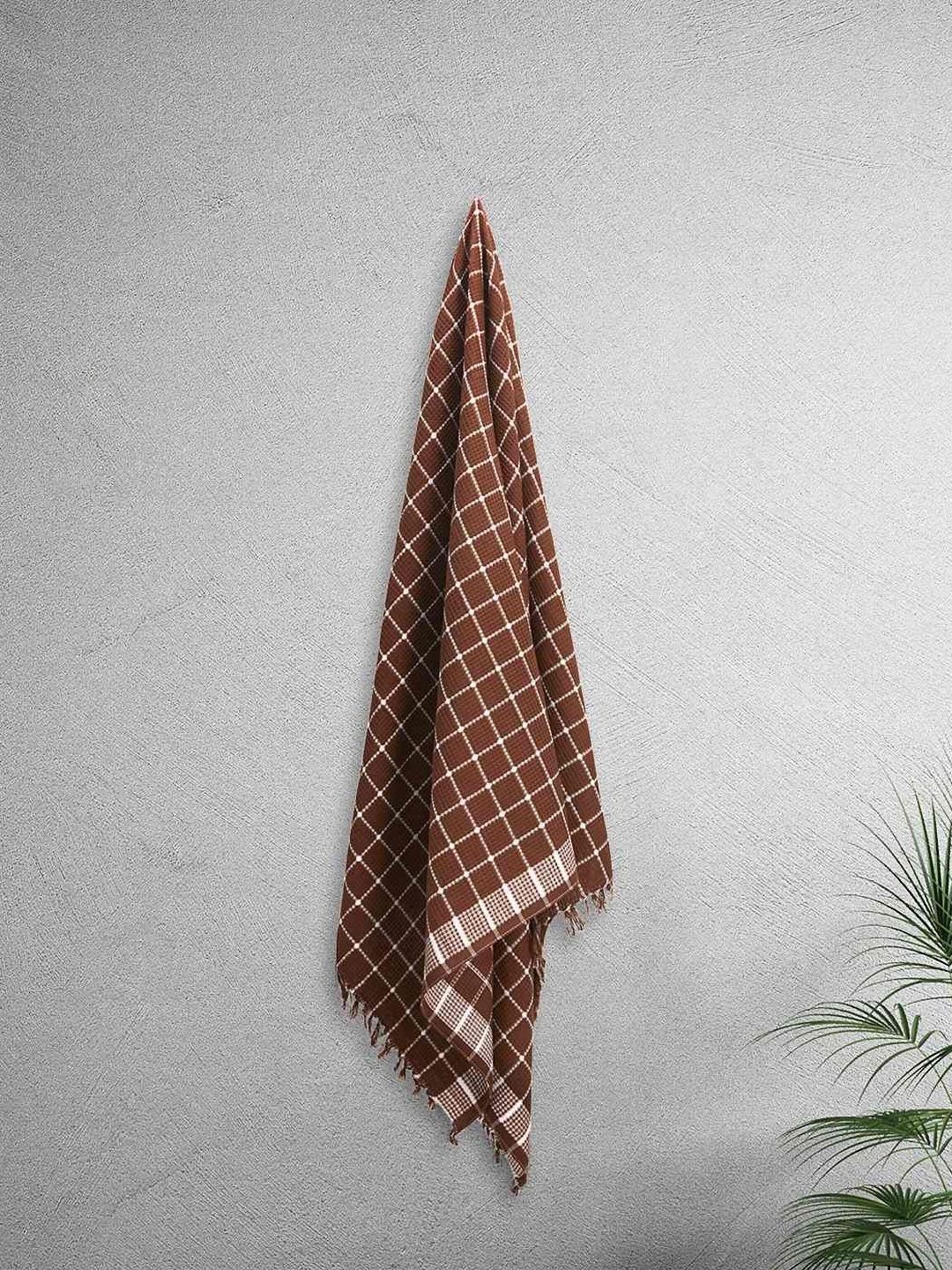 home expressions Brown & White 3 Pieces Checked Pure Cotton 150 GSM Towel Set-picture-10