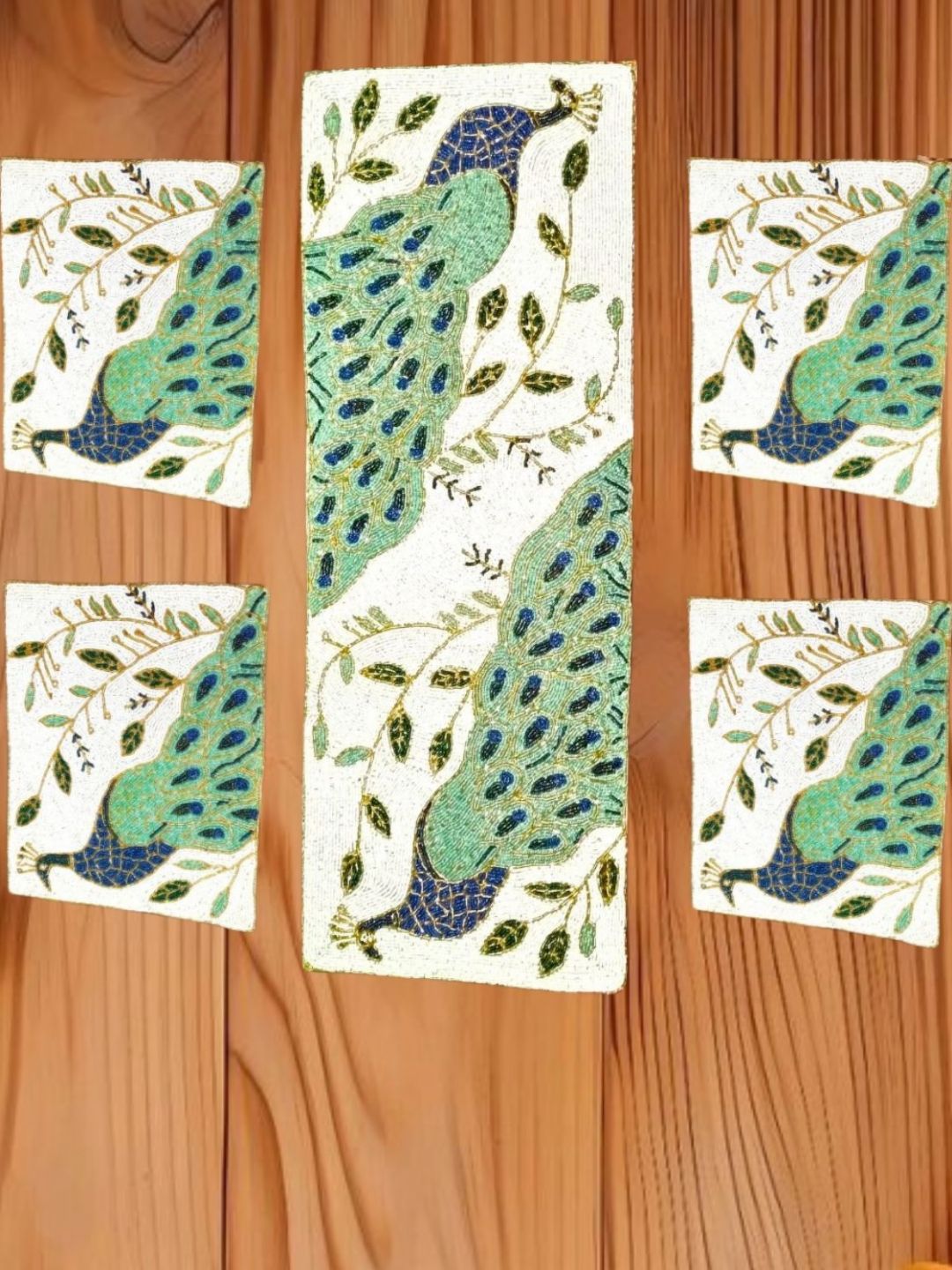 YWULY 5-Pcs White & Green Peacock Embellished Table Linen Set-picture-37