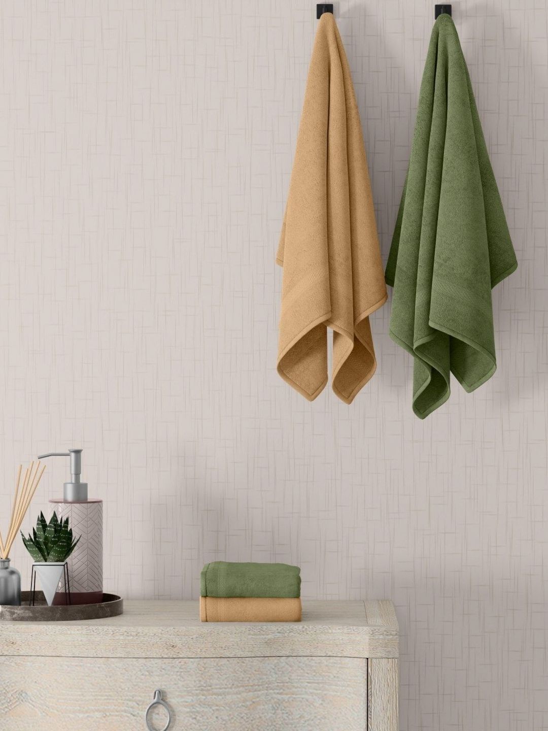 home expressions Green & Beige 4 Pieces Cotton 450 GSM Towel Sets-image-17