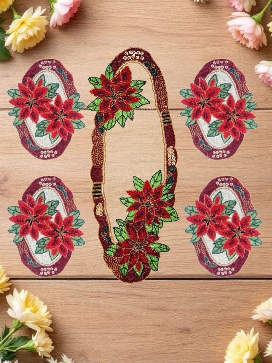 YWULY Red & White 5 Pieces Floral Embellished Table Linen Set-picture-38