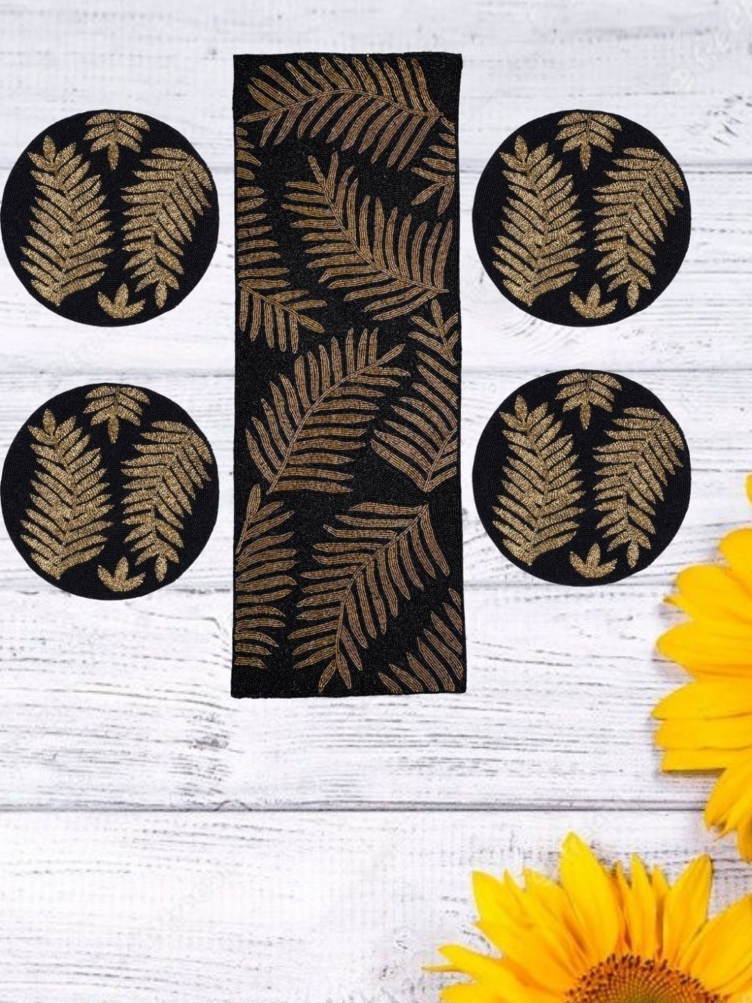 YWULY 5-Pcs Beige & Black Ethnic Motifs Embellished Table Linen Set-picture-31