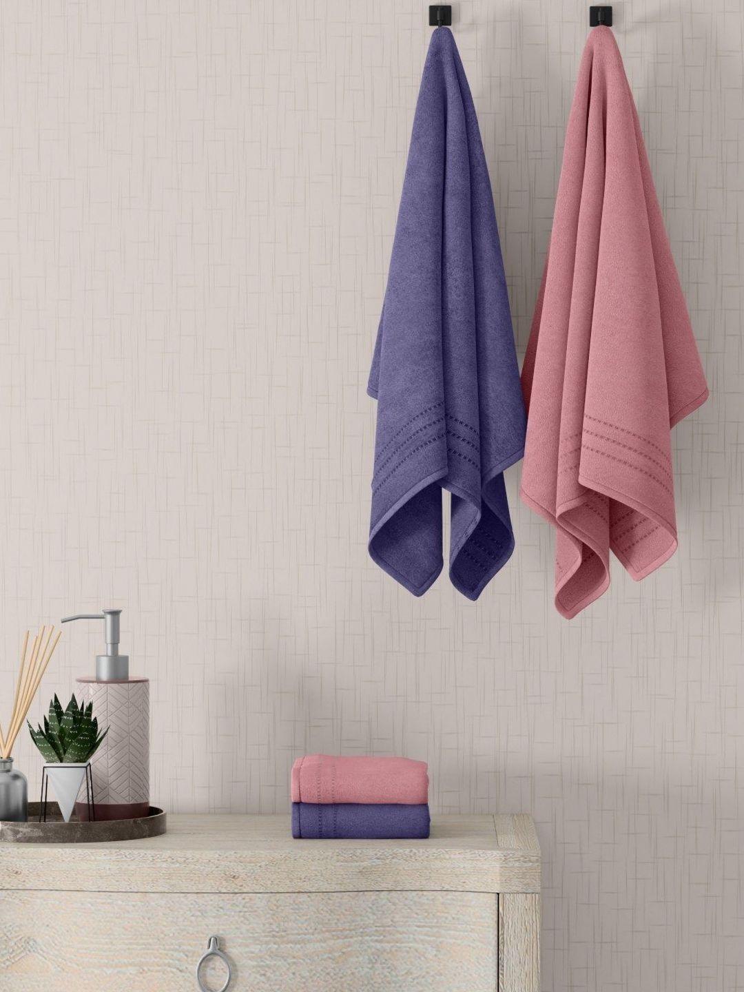 home expressions Dark Blue & Pink 4 Pieces Cotton 380 GSM Towel Sets-picture-52