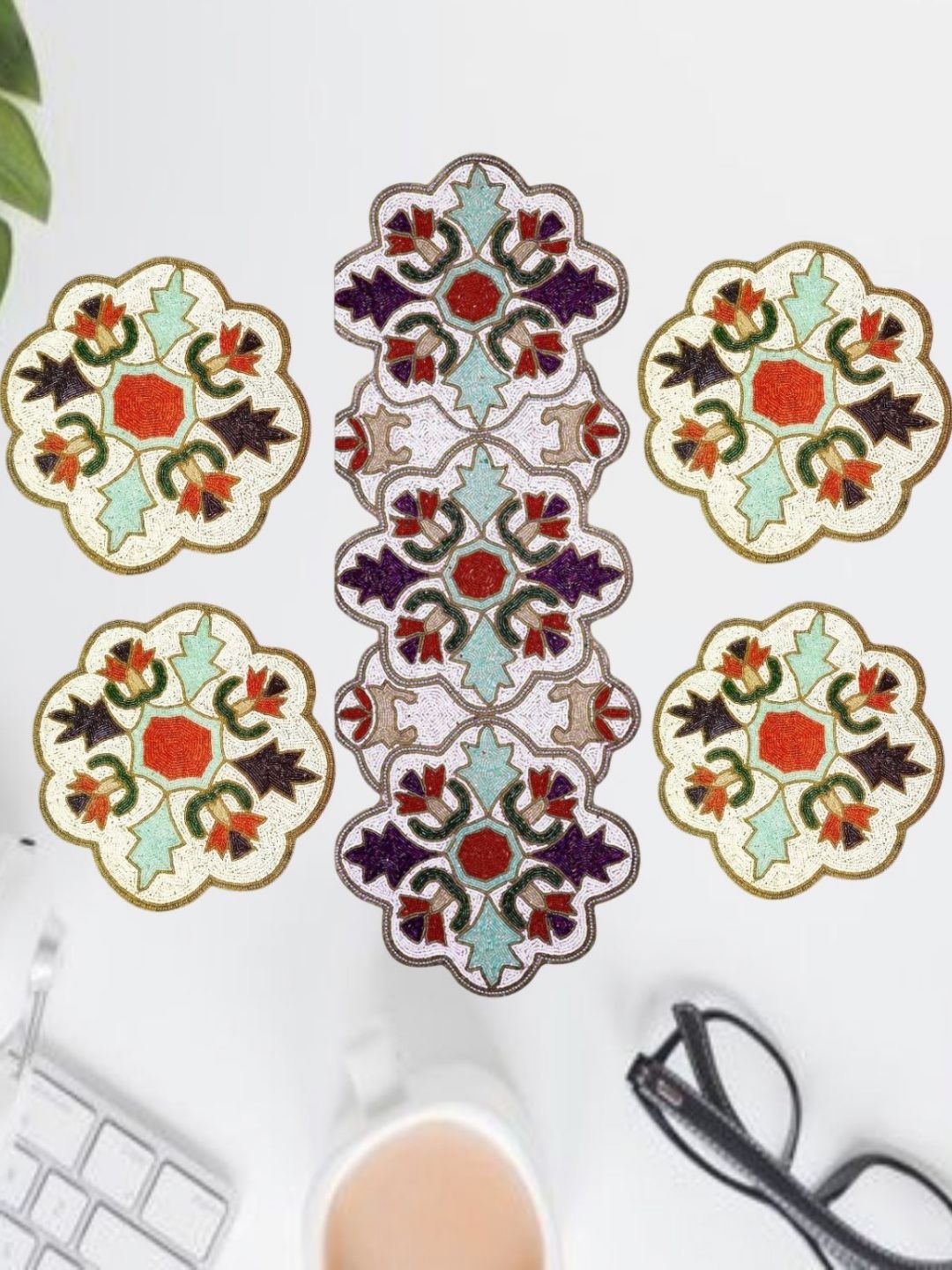 YWULY White & Blue 5 Pieces Ethnic Motifs Embellished Table Linen Set-picture-15