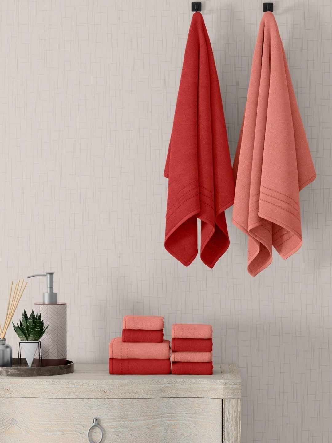 home expressions Peach & Red 10 Pieces Pure Cotton 380 GSM Towel Set-picture-11
