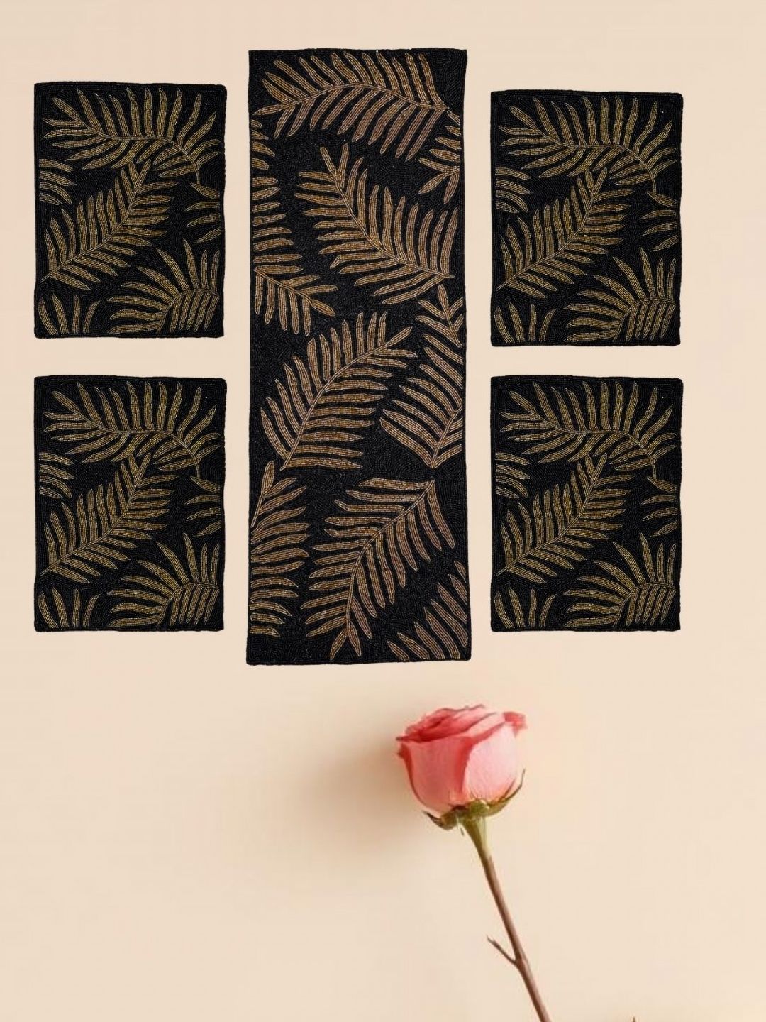 YWULY 5-Pcs Black & Brown Embellished Table Linen Set-picture-40