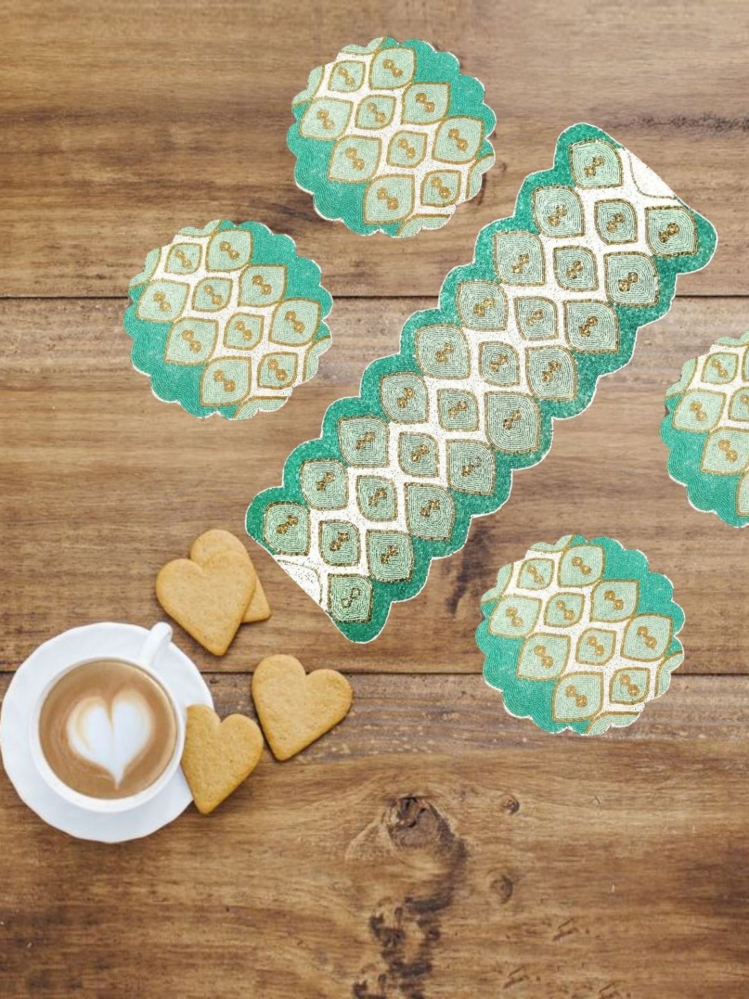 YWULY White & Green 5 Pieces Ethnic Motifs Embellished Table Linen Set-picture-13