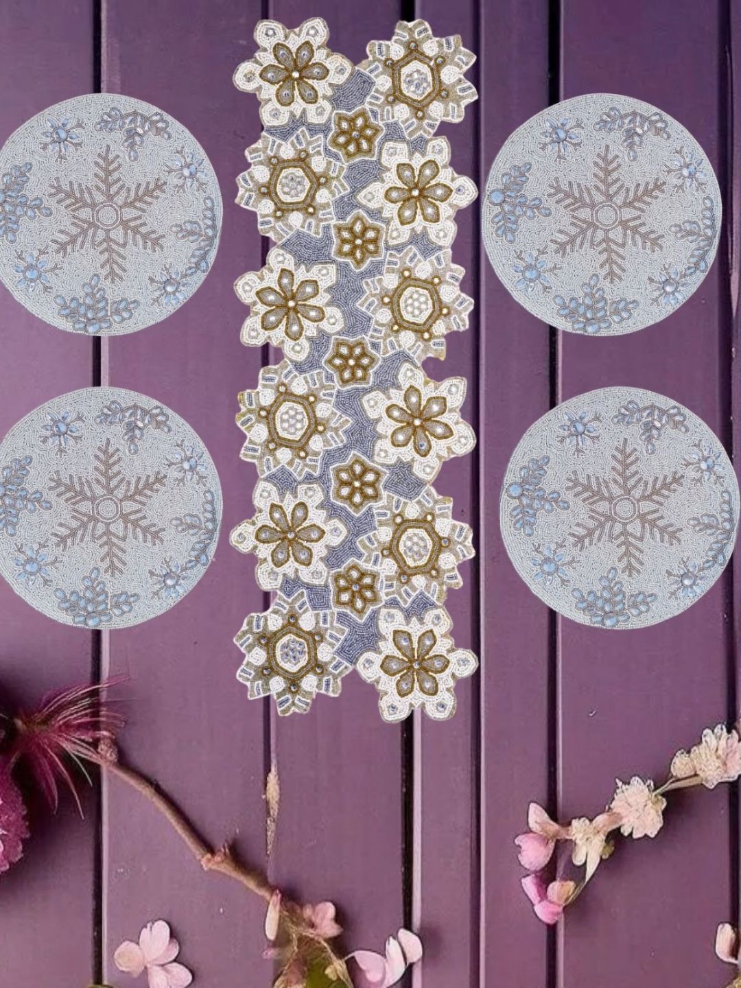 YWULY White & Blue Floral 5 Pieces Embellished Table Linen Set-picture-20