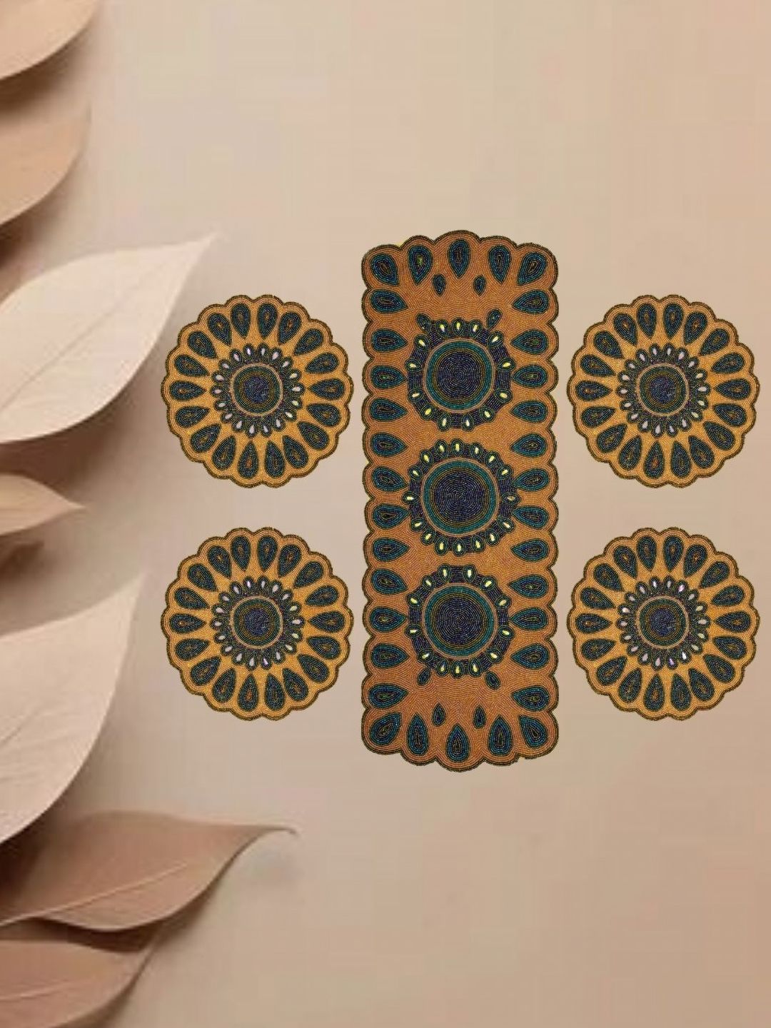 YWULY Beige & Blue Floral 5 Pieces Embellished Table Linen Set-picture-24