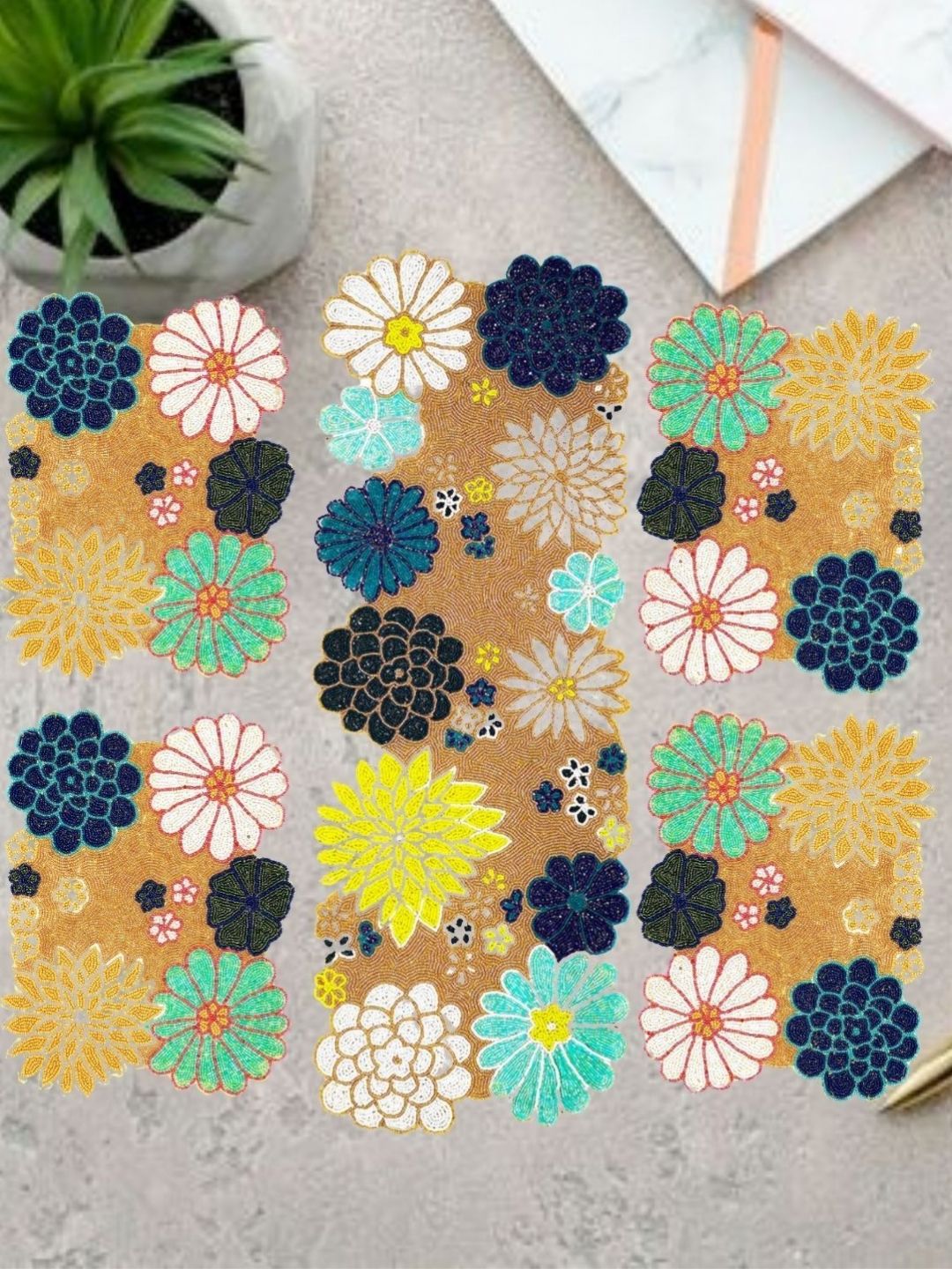 YWULY Beige & Blue 5 Pieces Floral Embellished Table Linen Set-picture-27